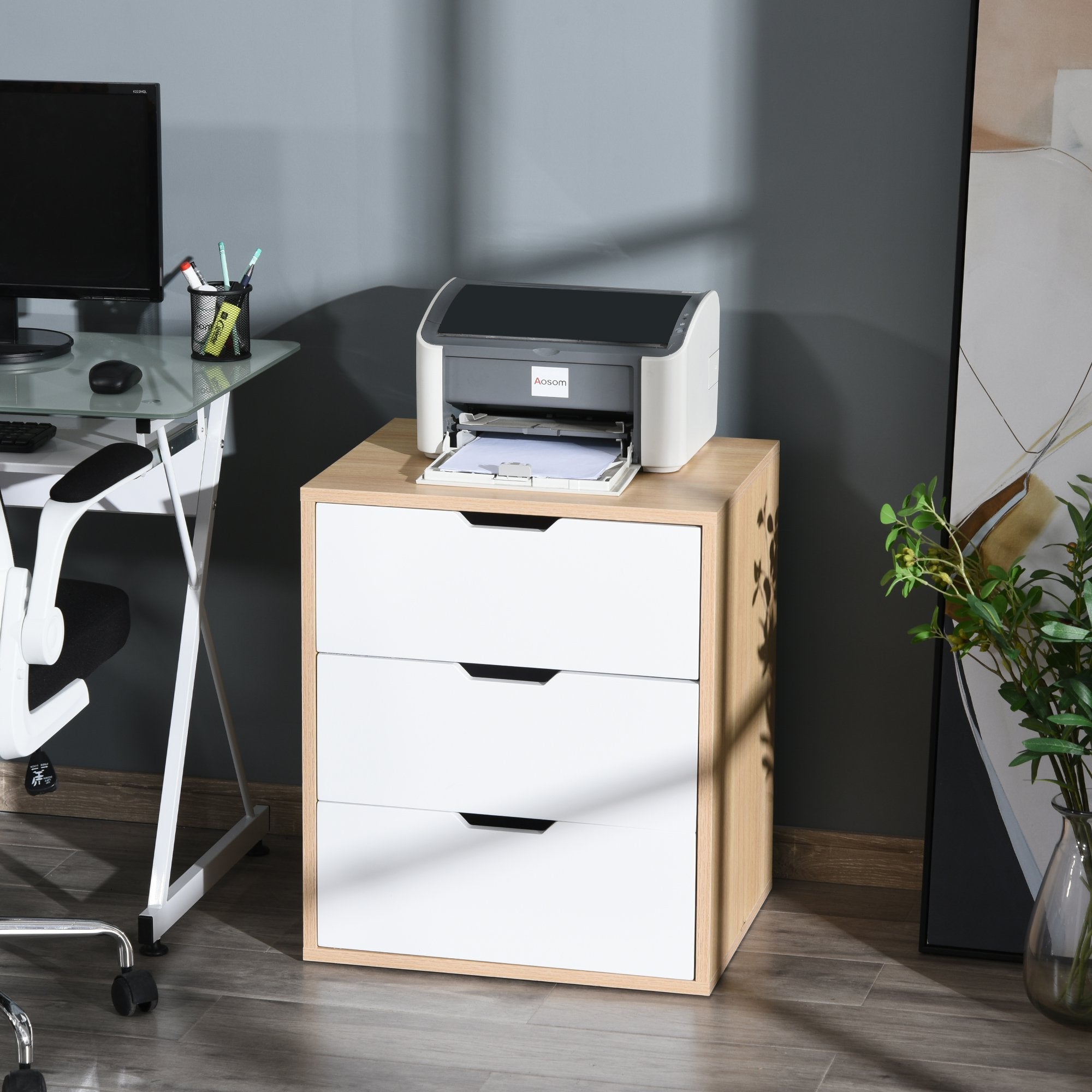 EasyComfort ladekast met 3 lades – hoogglans wit en houtkleur