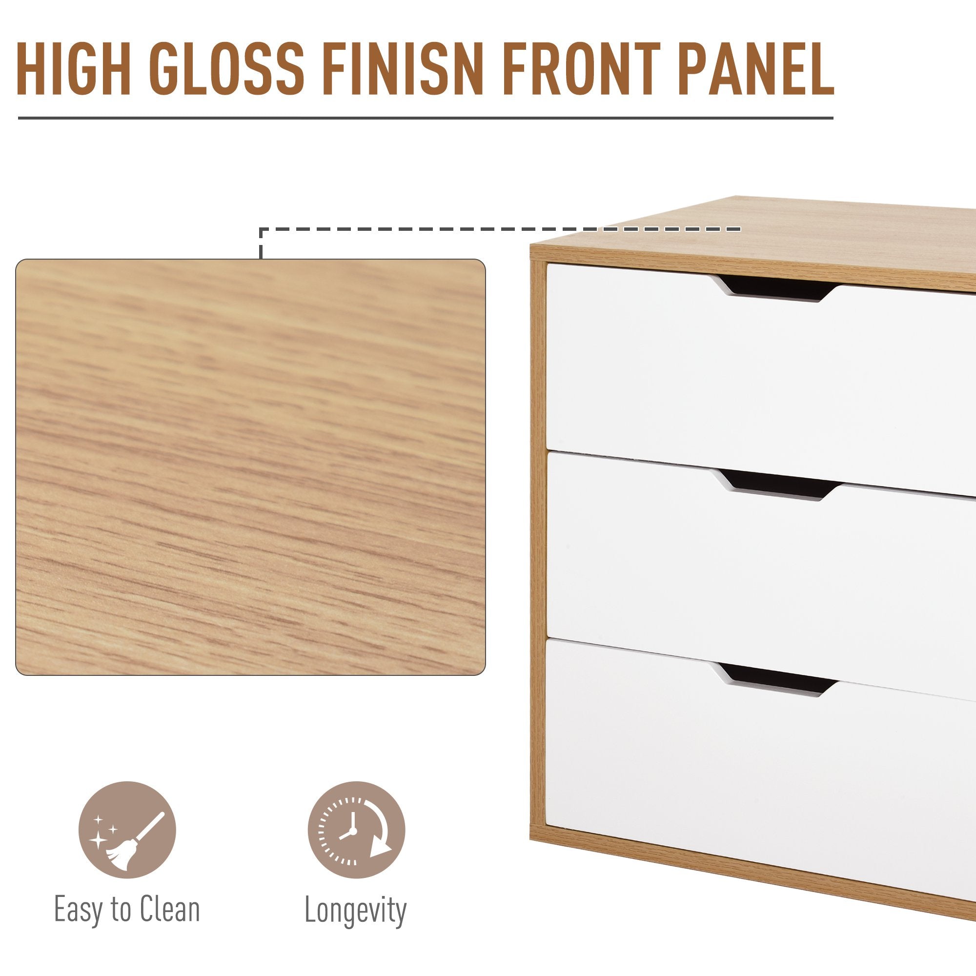 EasyComfort ladekast met 3 lades – hoogglans wit en houtkleur