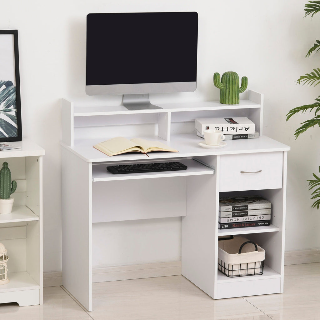 Easycomfort Scrivania per Computer Compatta, Scrivania PC Fisso in Legno white with Ripiano Tastiera Estraibile e Mensole 104x48x95.5cm