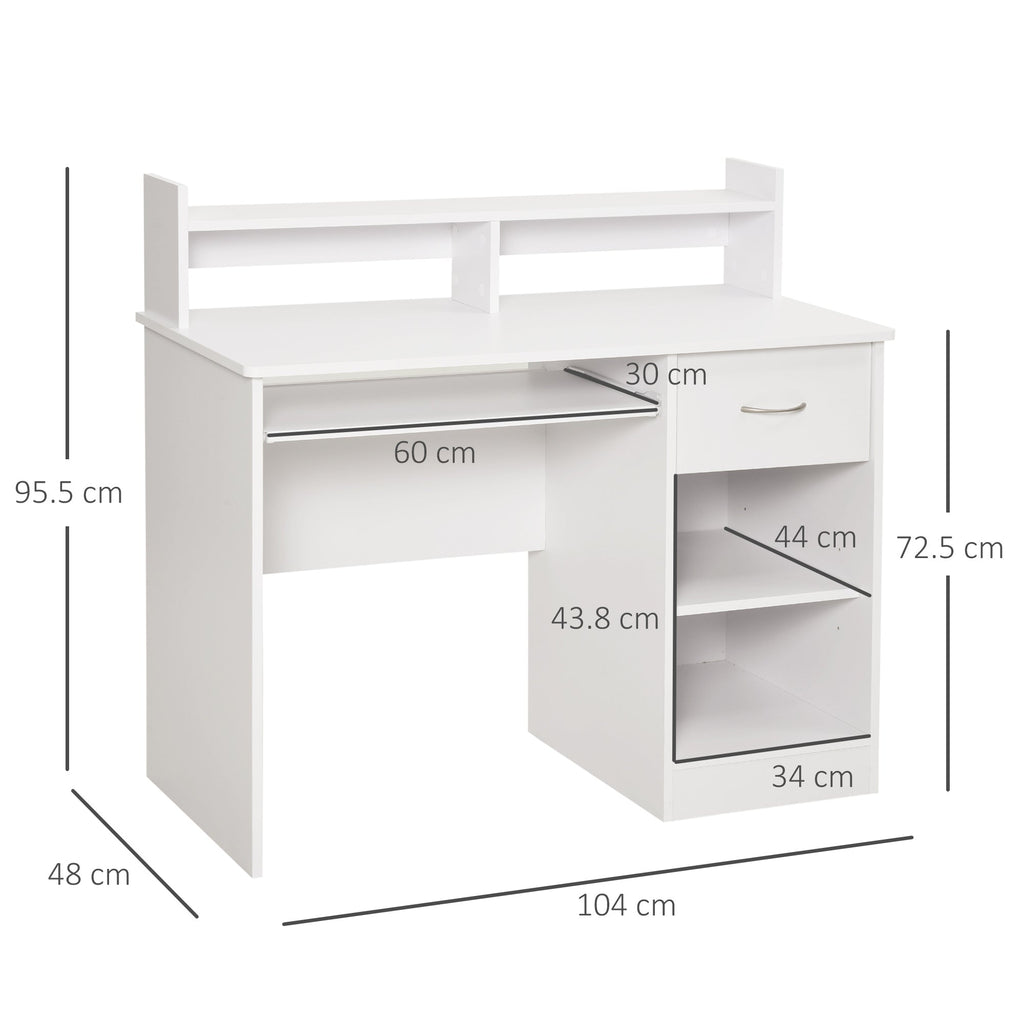 Easycomfort Scrivania per Computer Compatta, Scrivania PC Fisso in Legno white with Ripiano Tastiera Estraibile e Mensole 104x48x95.5cm