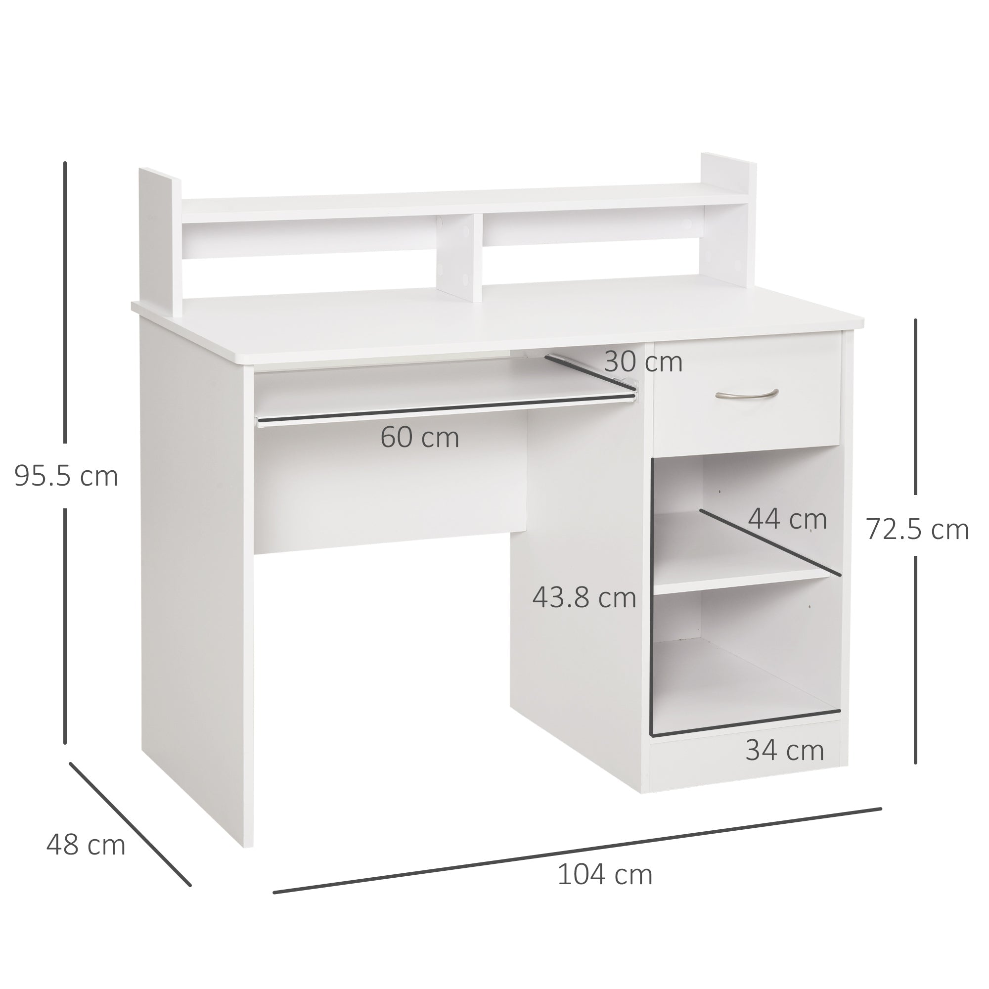 Easycomfort Scrivania per Computer Compatta, Scrivania PC Fisso in Legno white with Ripiano Tastiera Estraibile e Mensole 104x48x95.5cm
