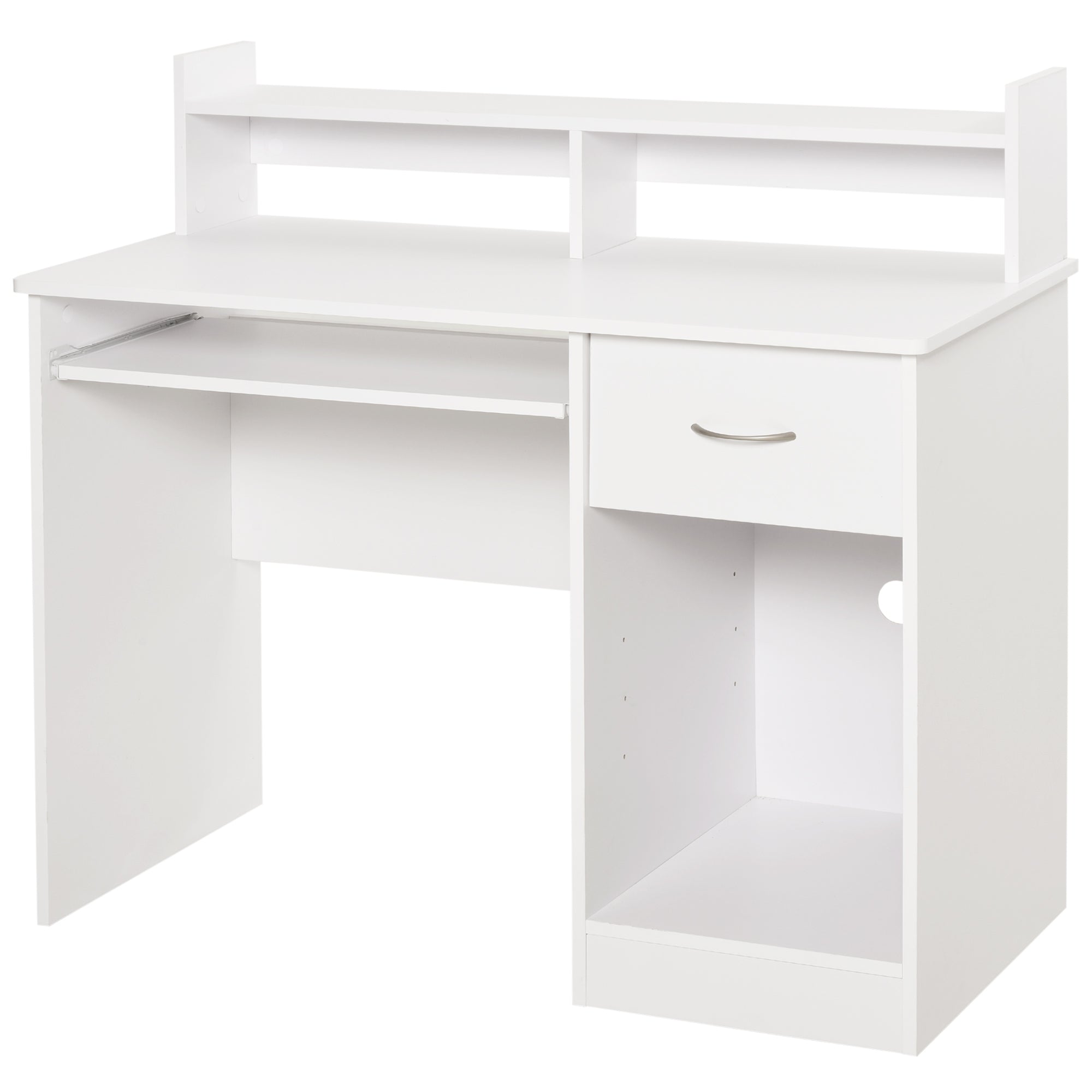 Easycomfort Scrivania per Computer Compatta, Scrivania PC Fisso in Legno white with Ripiano Tastiera Estraibile e Mensole 104x48x95.5cm