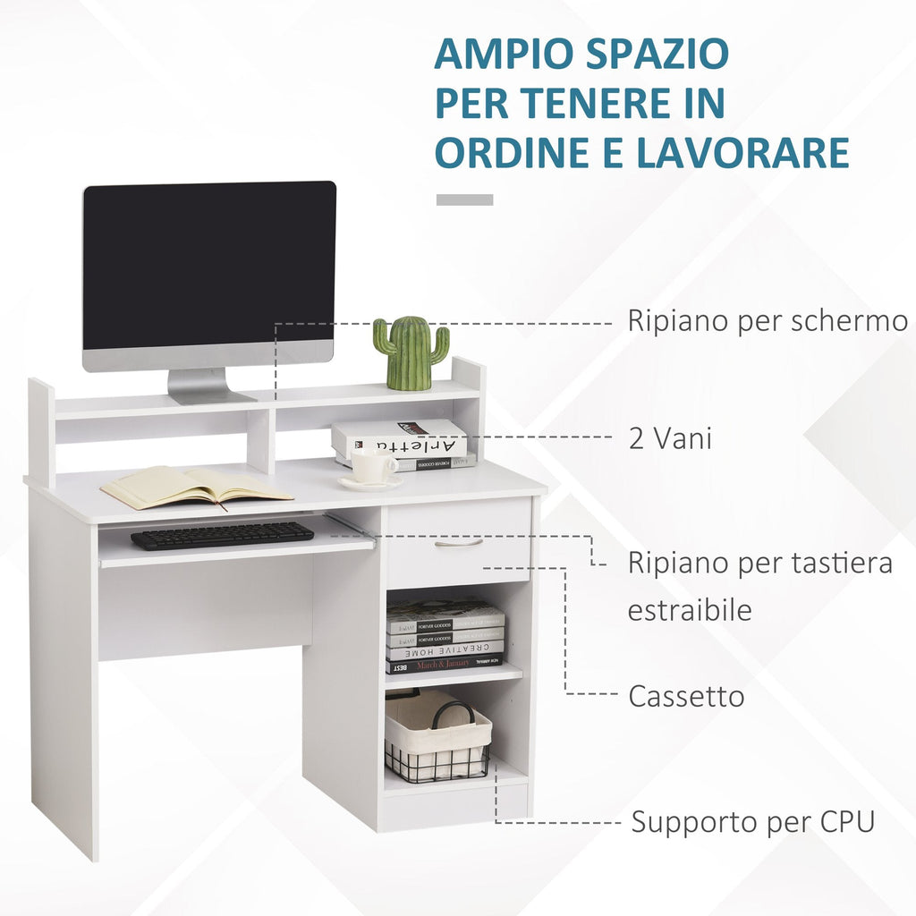 Easycomfort Scrivania per Computer Compatta, Scrivania PC Fisso in Legno white with Ripiano Tastiera Estraibile e Mensole 104x48x95.5cm