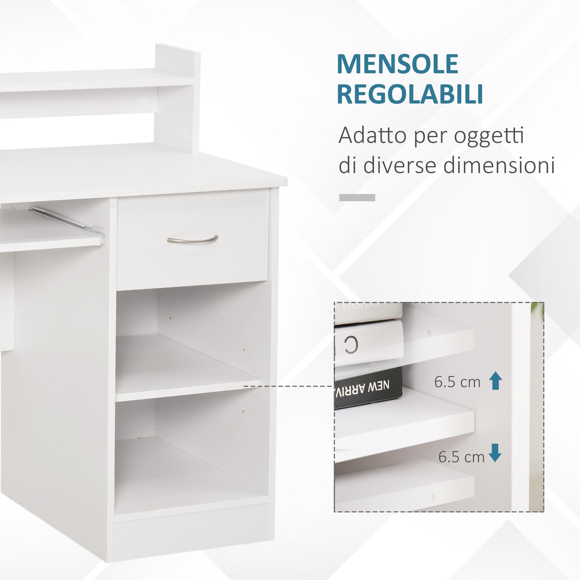 Easycomfort Scrivania per Computer Compatta, Scrivania PC Fisso in Legno white with Ripiano Tastiera Estraibile e Mensole 104x48x95.5cm