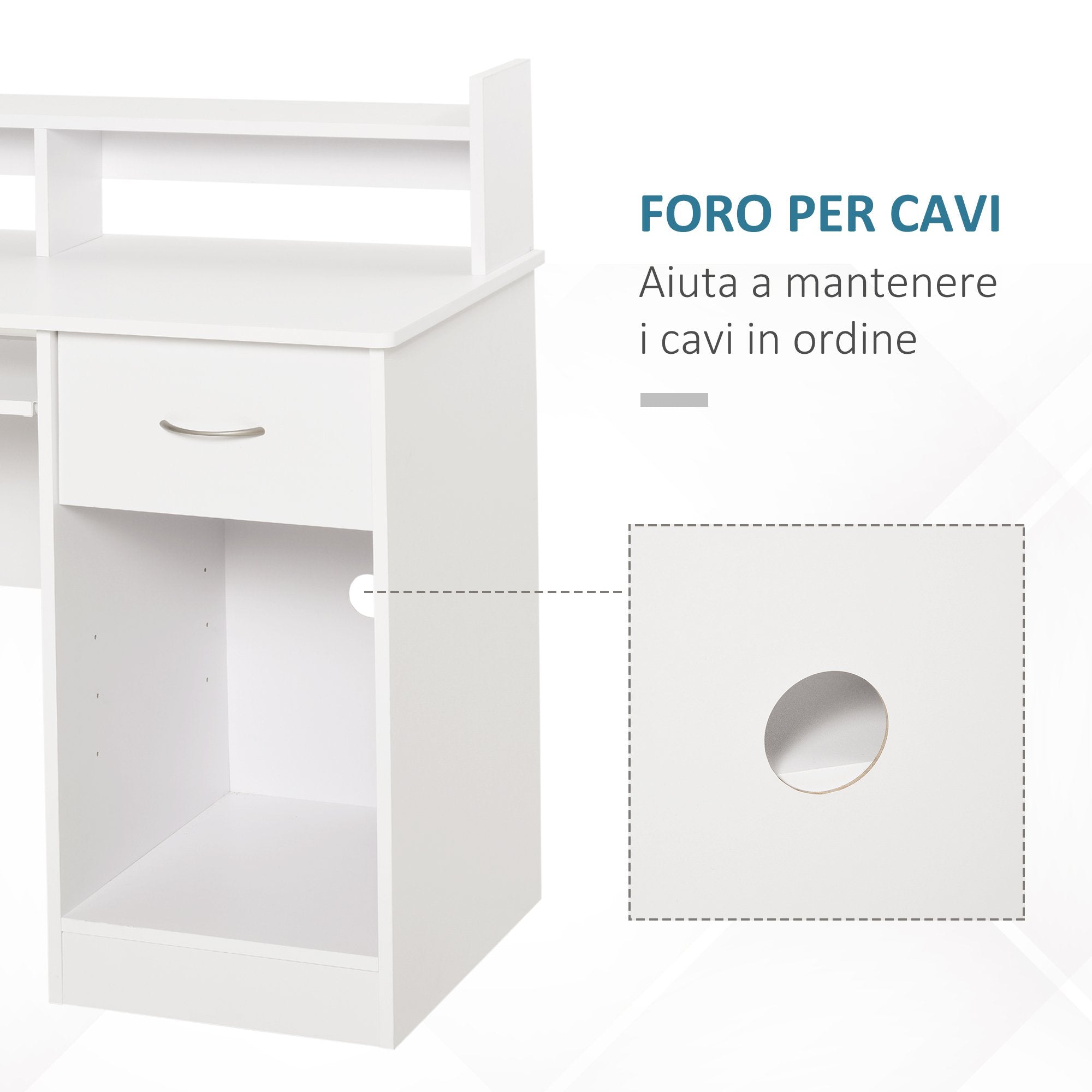 Easycomfort Scrivania per Computer Compatta, Scrivania PC Fisso in Legno white with Ripiano Tastiera Estraibile e Mensole 104x48x95.5cm