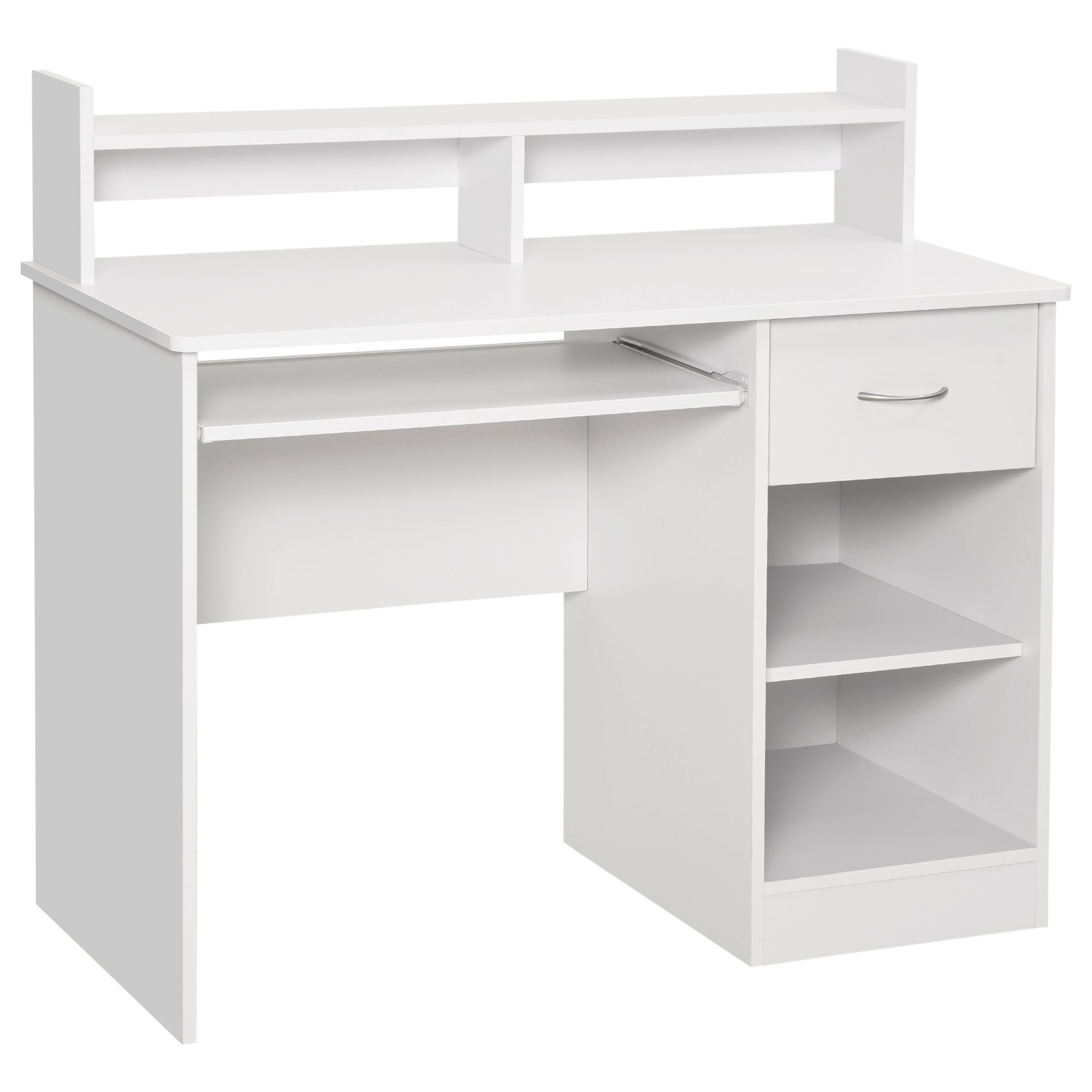 Easycomfort Scrivania per Computer Compatta, Scrivania PC Fisso in Legno white with Ripiano Tastiera Estraibile e Mensole 104x48x95.5cm