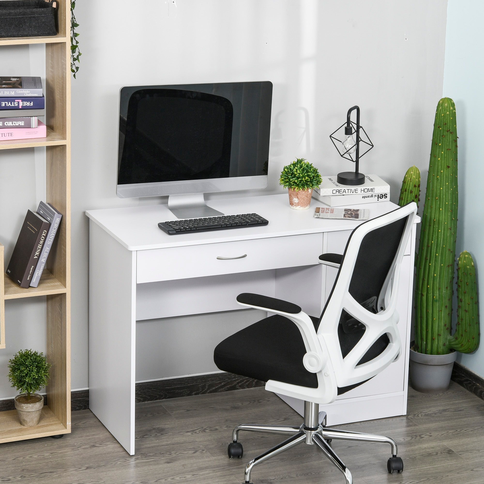 Easycomfort Scrivania Moderna per PC e Computer with 2 Cassetti e 1 Armadietto, Scrivania with Libreria Salvaspazio per Ufficio o Camera in Legno, white