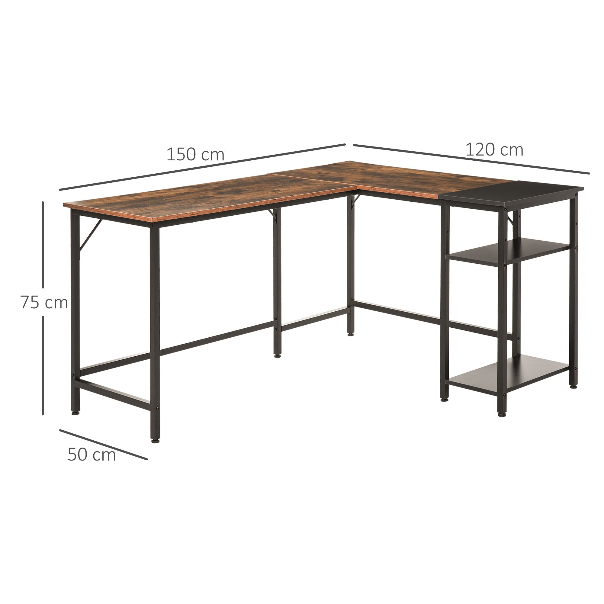 EasyComfort hoekbureau industrieel 150 x 120 cm – vintage bruin/zwart