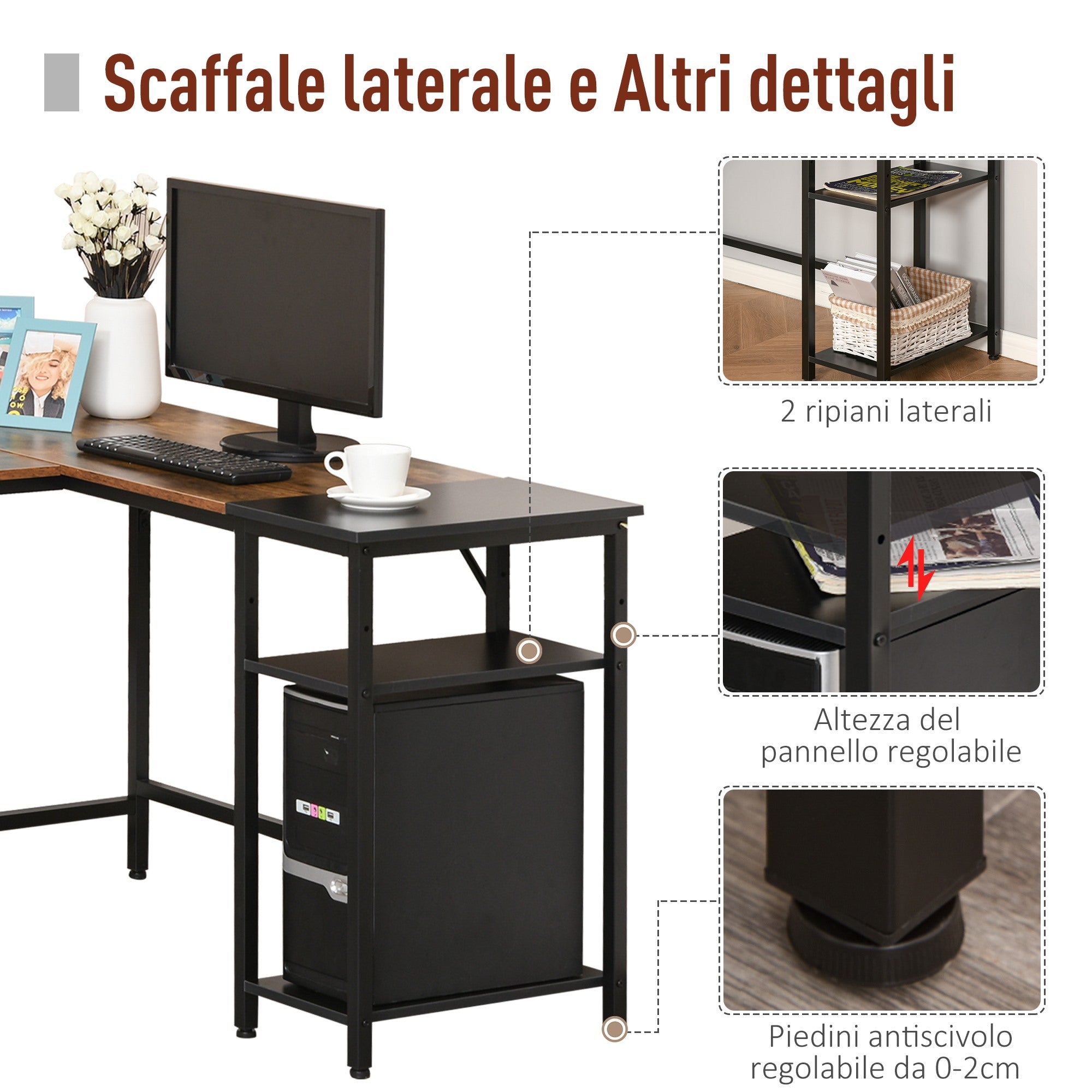 EasyComfort Scrivania Angolare per computer Stile Industriale with Ripiano Laterale Nera