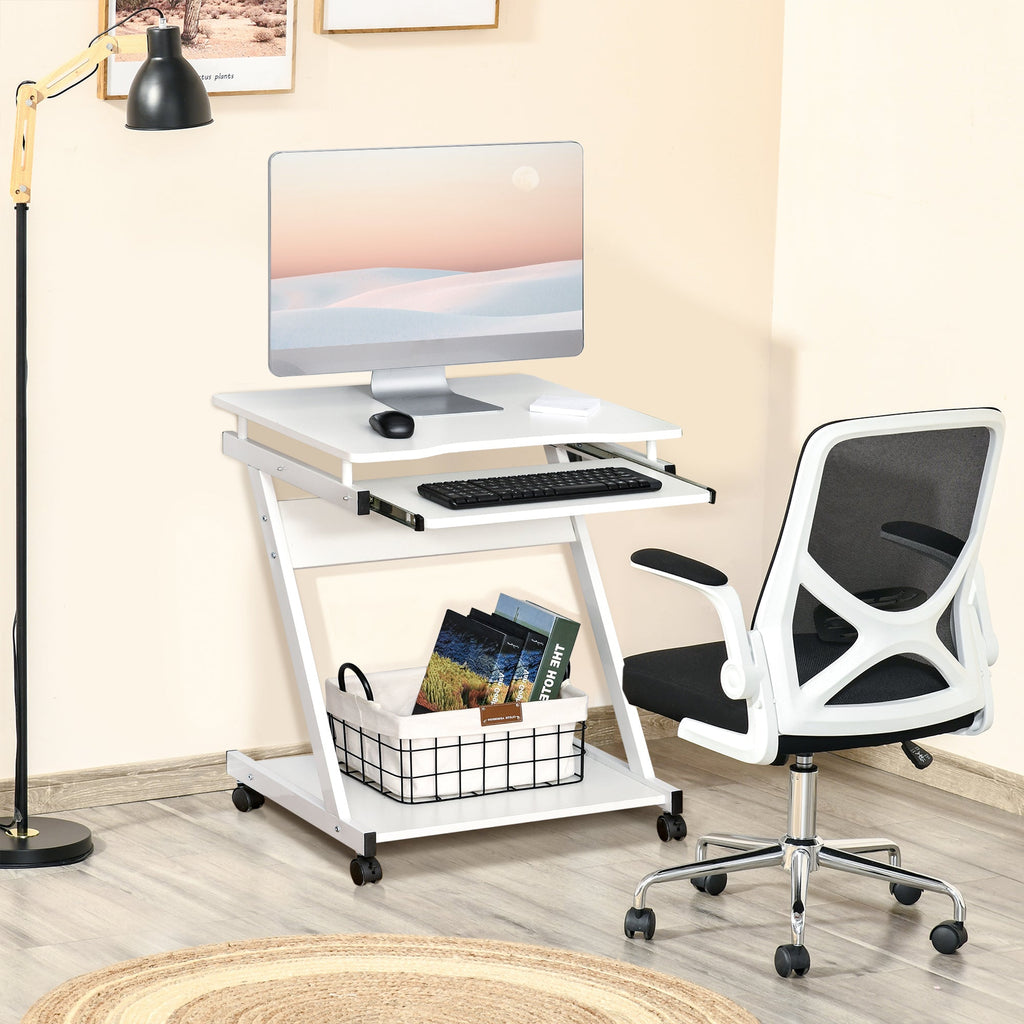 Easycomfort Tavolo Porta PC Classico e Salvaspazio, Piano Tastiera a Scomparsa, 4 Ruote e Ripiano Inferiore white 60x48x73cm