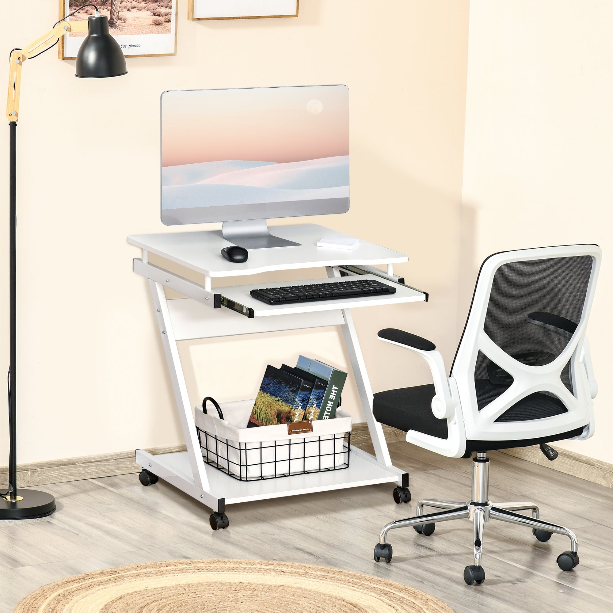 Easycomfort Tavolo Porta PC Classico e Salvaspazio, Piano Tastiera a Scomparsa, 4 Ruote e Ripiano Inferiore white 60x48x73cm