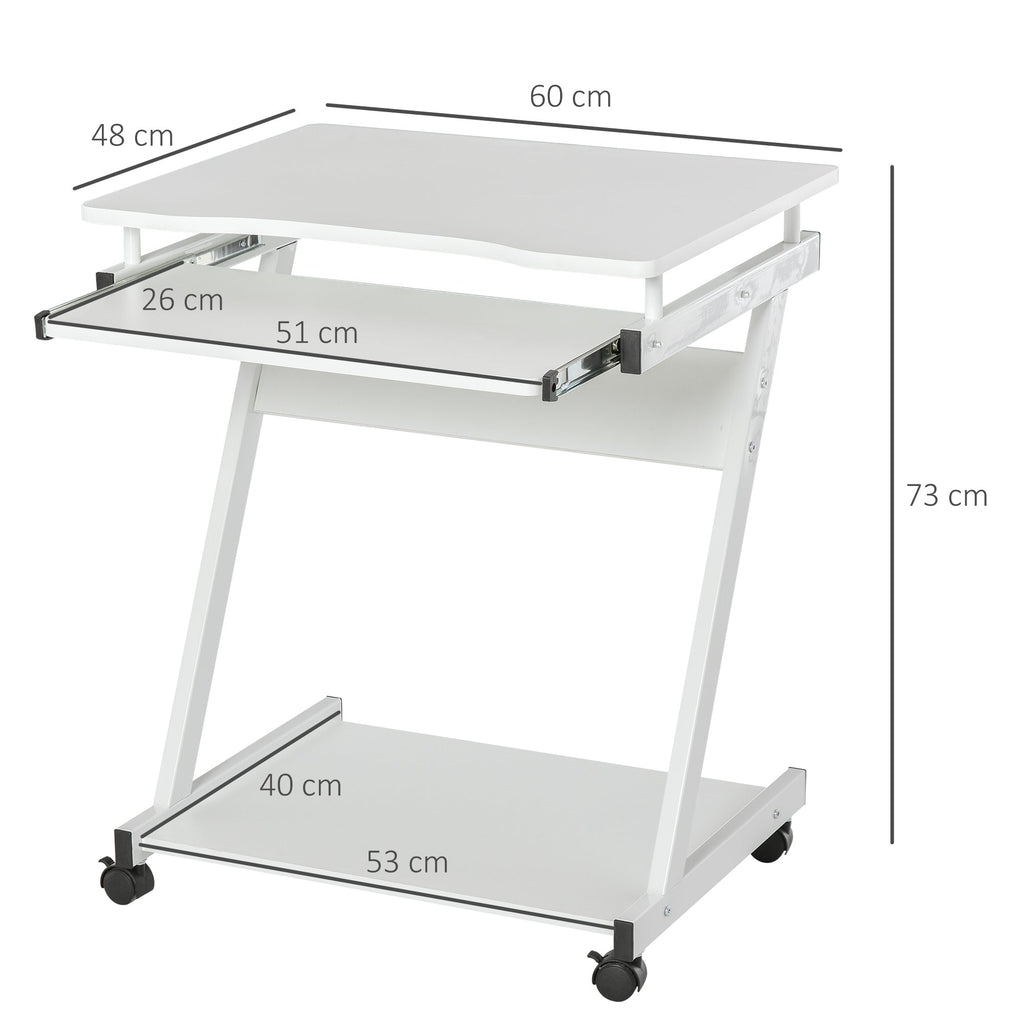 Easycomfort Tavolo Porta PC Classico e Salvaspazio, Piano Tastiera a Scomparsa, 4 Ruote e Ripiano Inferiore white 60x48x73cm