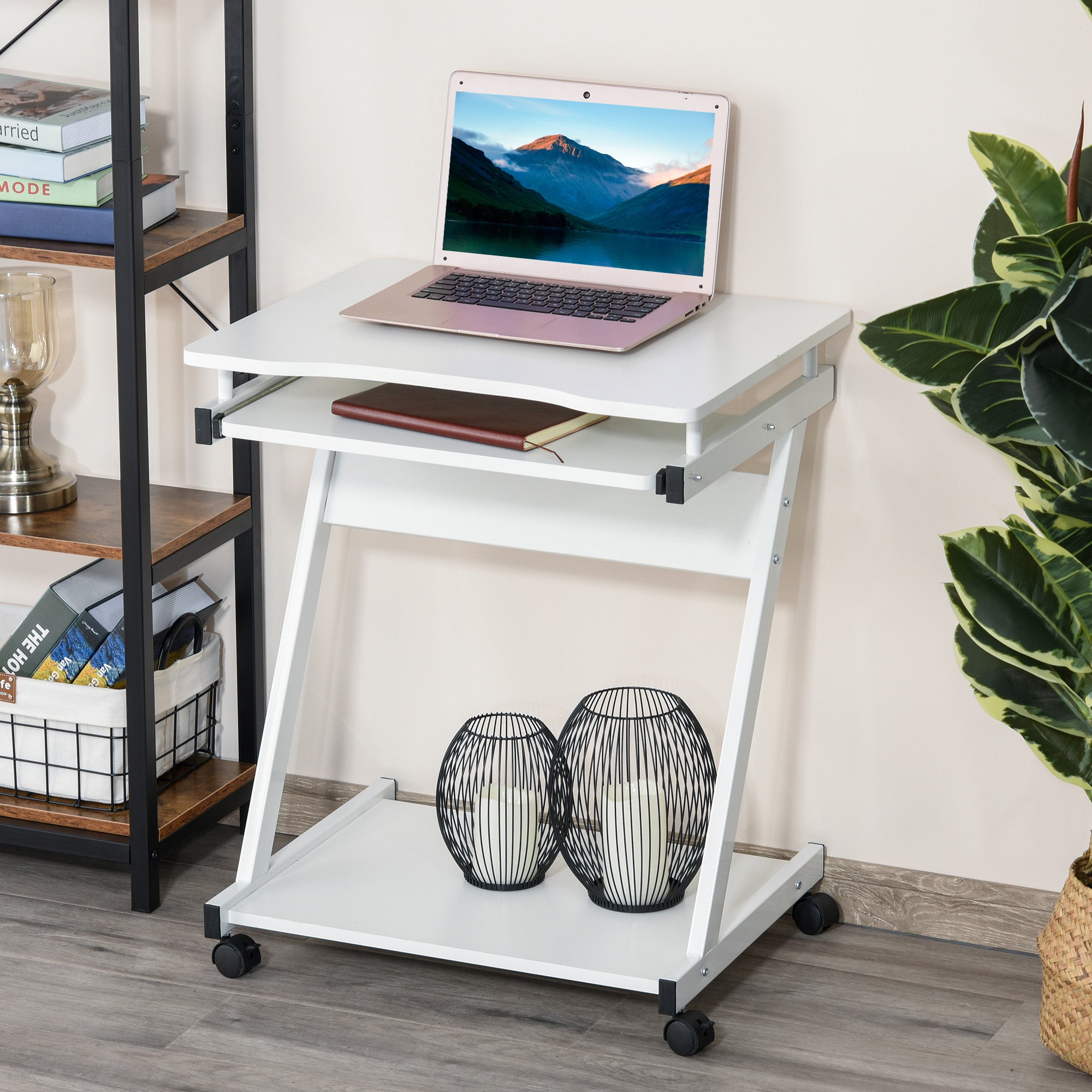 Easycomfort Tavolo Porta PC Classico e Salvaspazio, Piano Tastiera a Scomparsa, 4 Ruote e Ripiano Inferiore white 60x48x73cm
