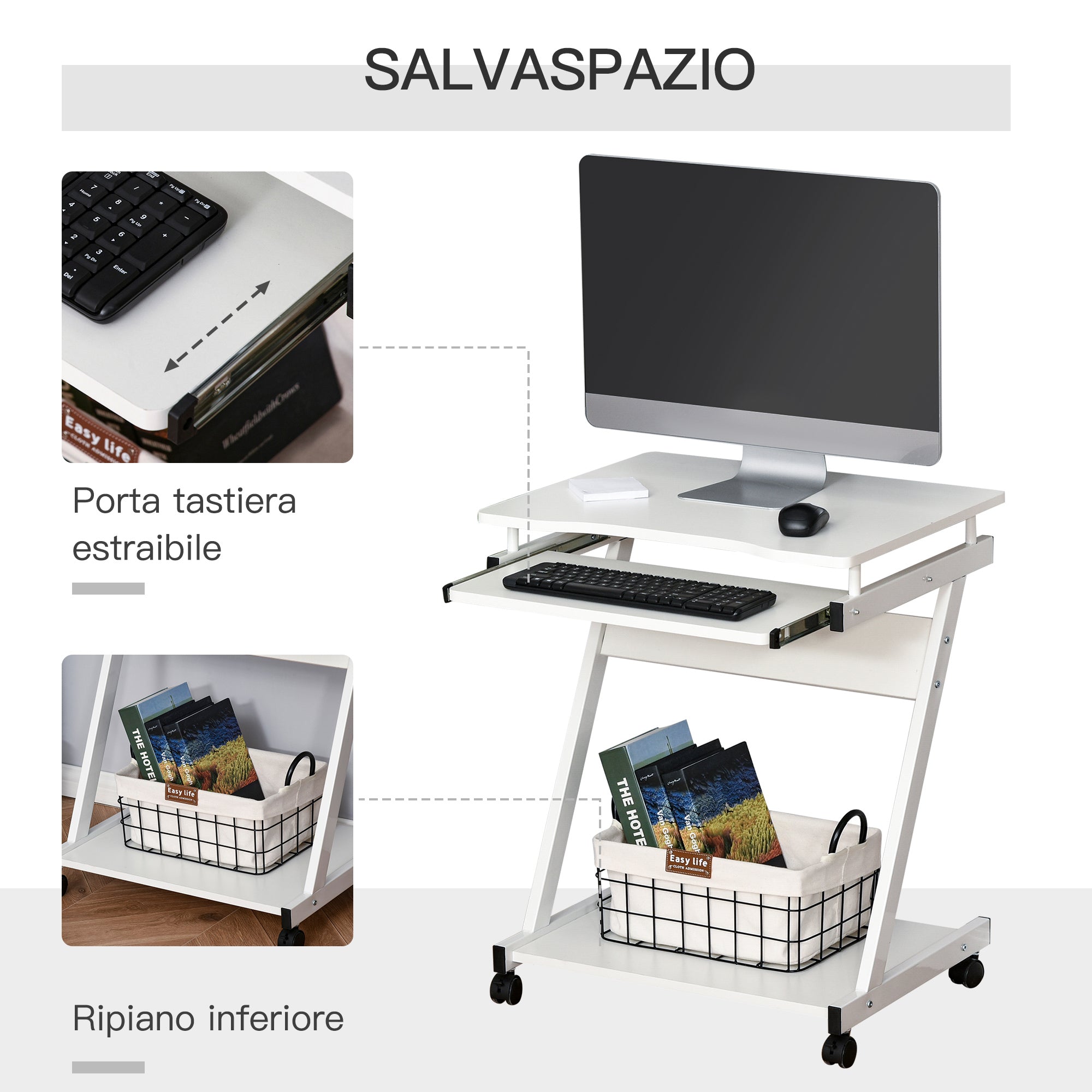 Easycomfort Tavolo Porta PC Classico e Salvaspazio, Piano Tastiera a Scomparsa, 4 Ruote e Ripiano Inferiore white 60x48x73cm