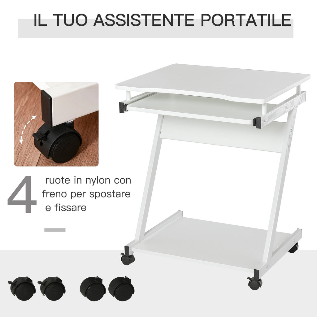 Easycomfort Tavolo Porta PC Classico e Salvaspazio, Piano Tastiera a Scomparsa, 4 Ruote e Ripiano Inferiore white 60x48x73cm