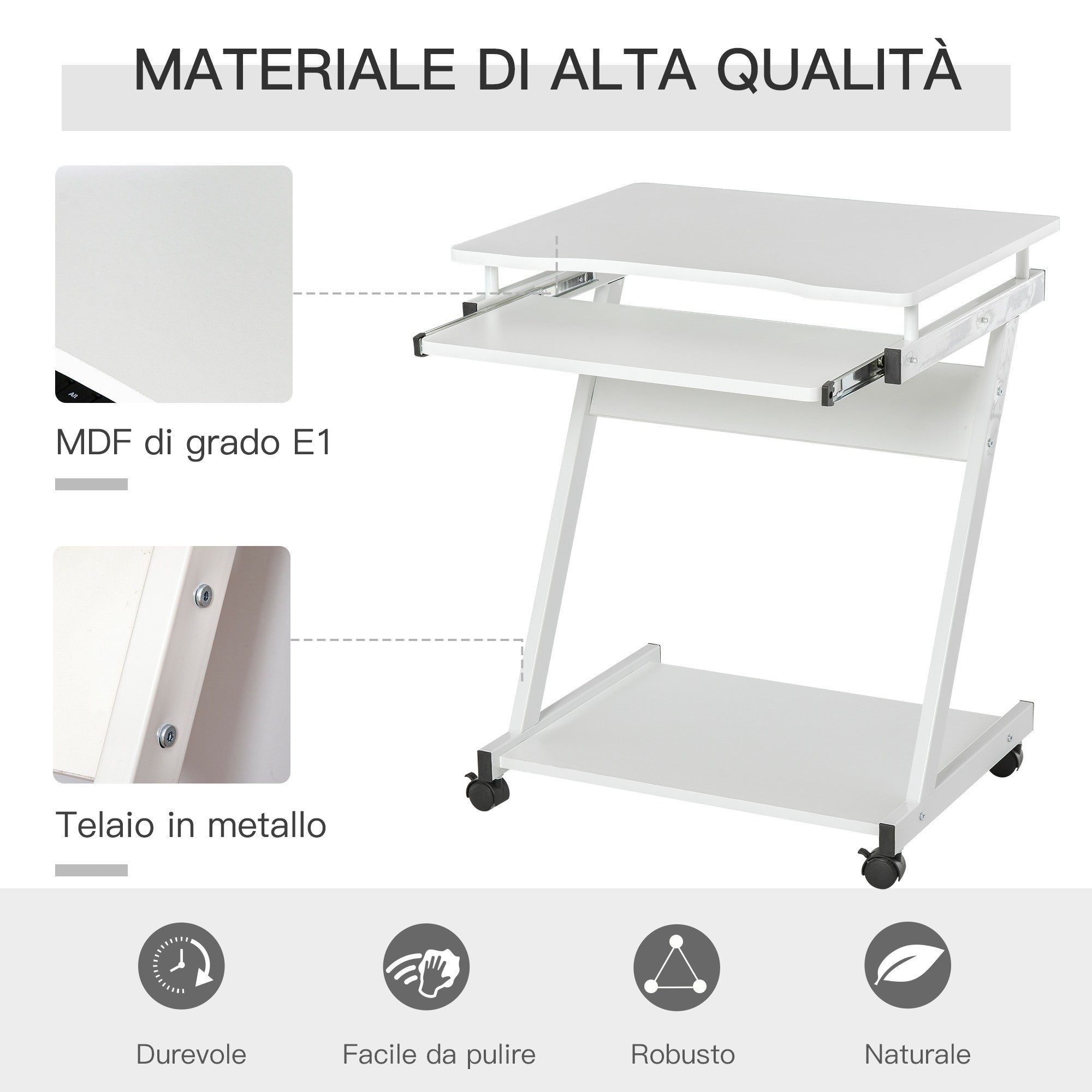 Easycomfort Tavolo Porta PC Classico e Salvaspazio, Piano Tastiera a Scomparsa, 4 Ruote e Ripiano Inferiore white 60x48x73cm