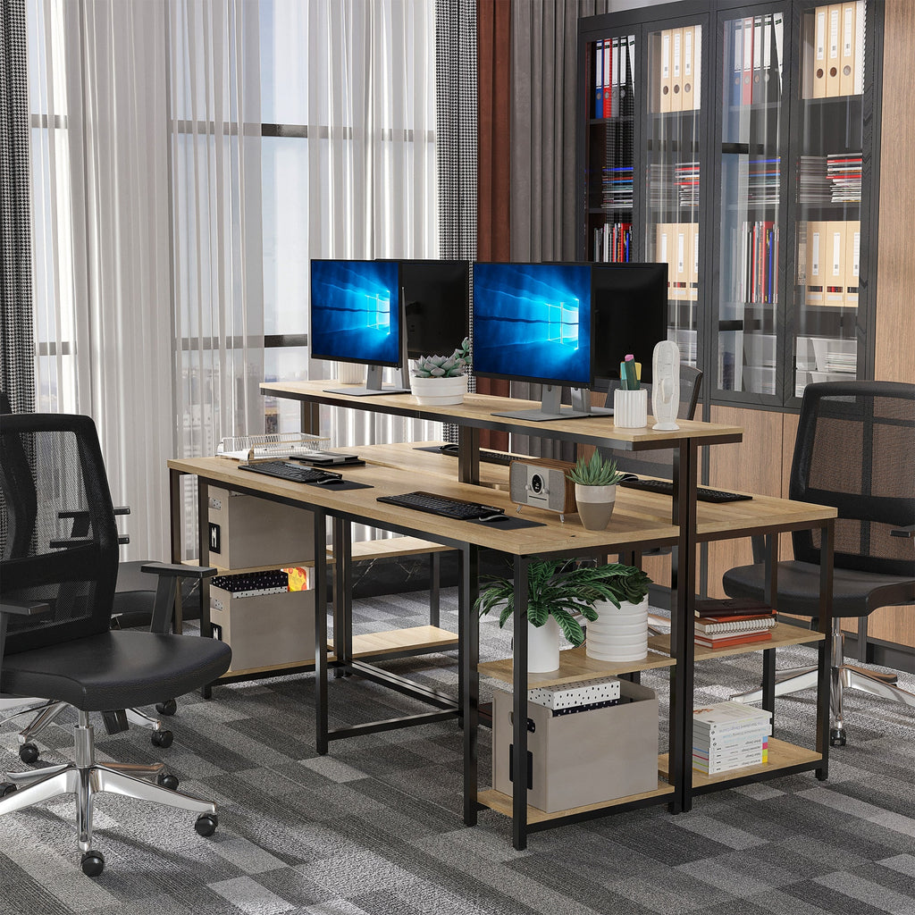 Easycomfort Scrivania Doppia with Scaffali e Mensola per Monitor in Stile Industriale, Scrivania with Libreria Salvaspazio per Ufficio e Studio in Metallo e MDF, 200x53x100cm, black Marrone