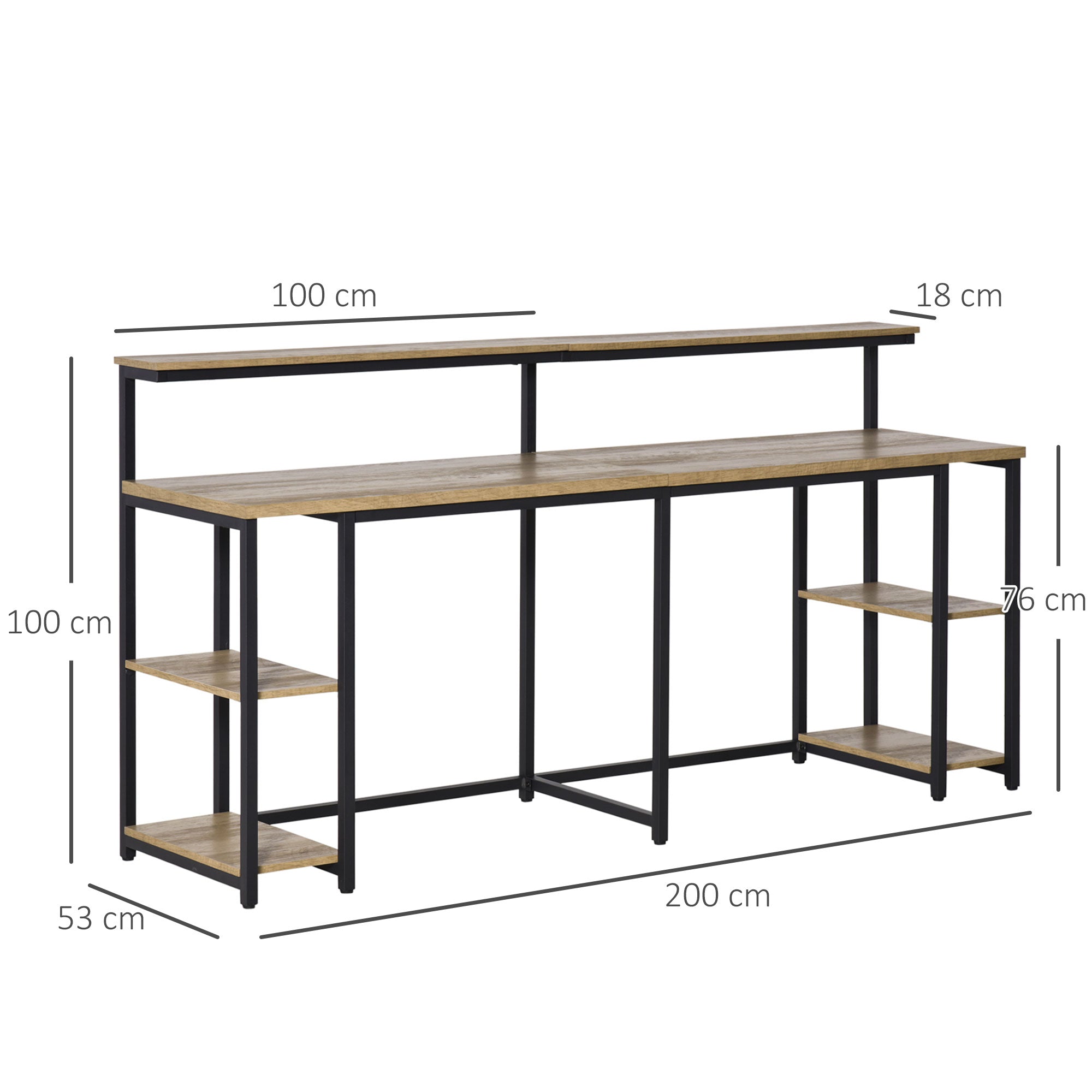 Easycomfort Scrivania Doppia with Scaffali e Mensola per Monitor in Stile Industriale, Scrivania with Libreria Salvaspazio per Ufficio e Studio in Metallo e MDF, 200x53x100cm, black Marrone
