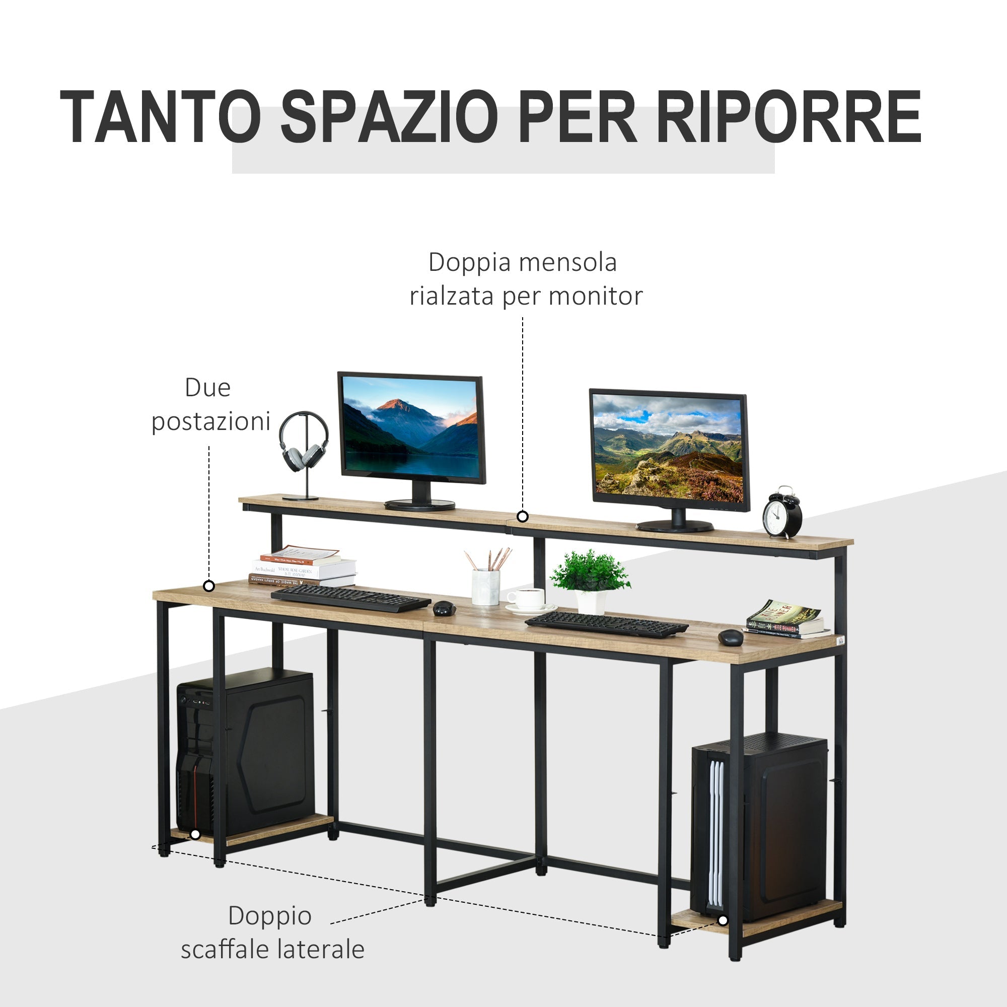 Easycomfort Scrivania Doppia with Scaffali e Mensola per Monitor in Stile Industriale, Scrivania with Libreria Salvaspazio per Ufficio e Studio in Metallo e MDF, 200x53x100cm, black Marrone