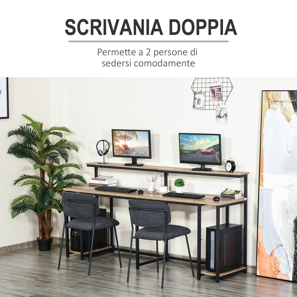 Easycomfort Scrivania Doppia with Scaffali e Mensola per Monitor in Stile Industriale, Scrivania with Libreria Salvaspazio per Ufficio e Studio in Metallo e MDF, 200x53x100cm, black Marrone