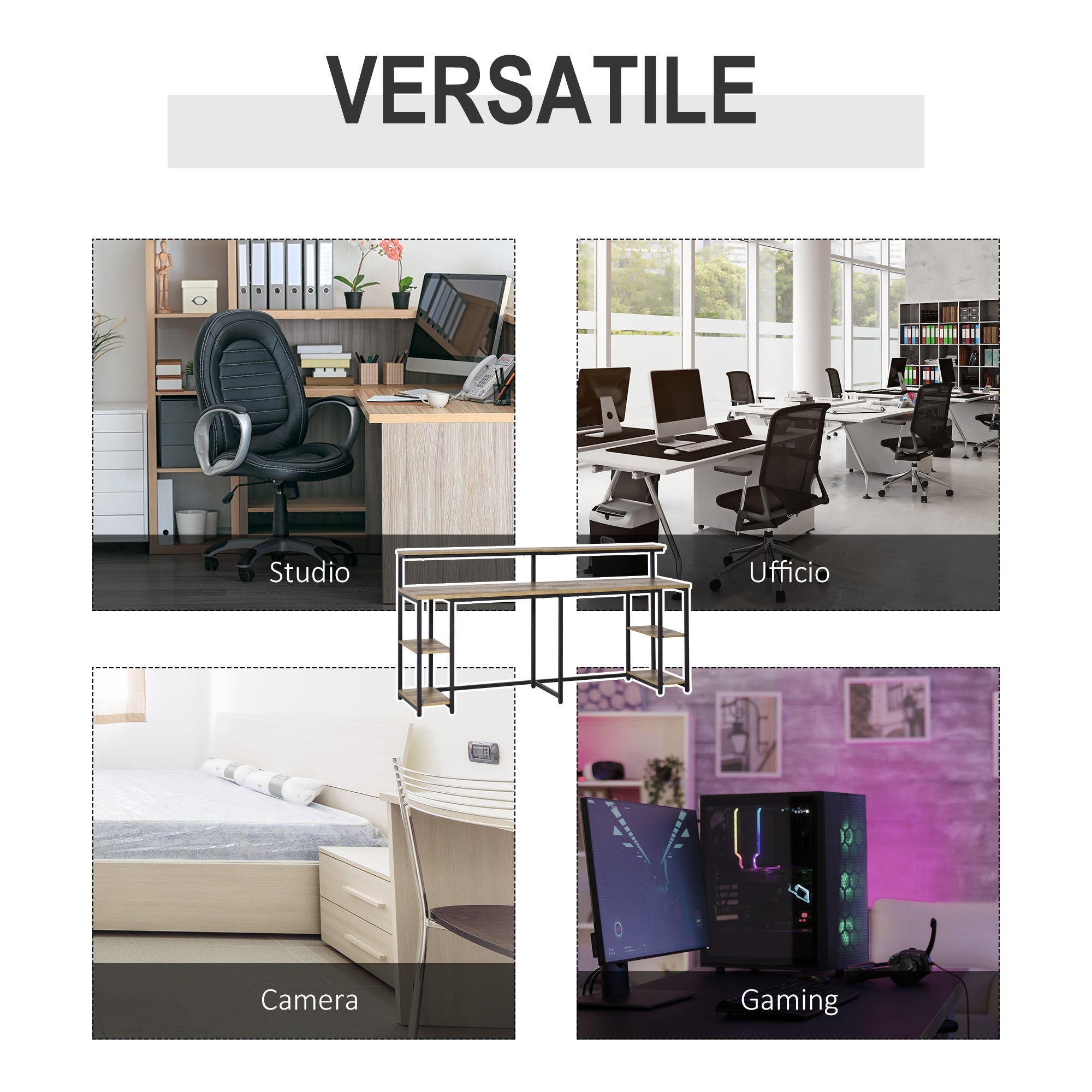 Easycomfort Scrivania Doppia with Scaffali e Mensola per Monitor in Stile Industriale, Scrivania with Libreria Salvaspazio per Ufficio e Studio in Metallo e MDF, 200x53x100cm, black Marrone
