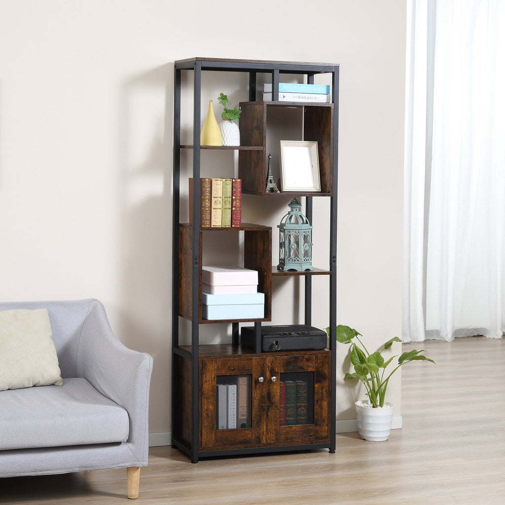 Easycomfort Mobile Libreria Scaffale in Stile Industriale with Armadietto a 2 Ante, Scaffale Salvaspazio a 8 Ripiani per Casa e Ufficio, 70x30x180cm, Marrone