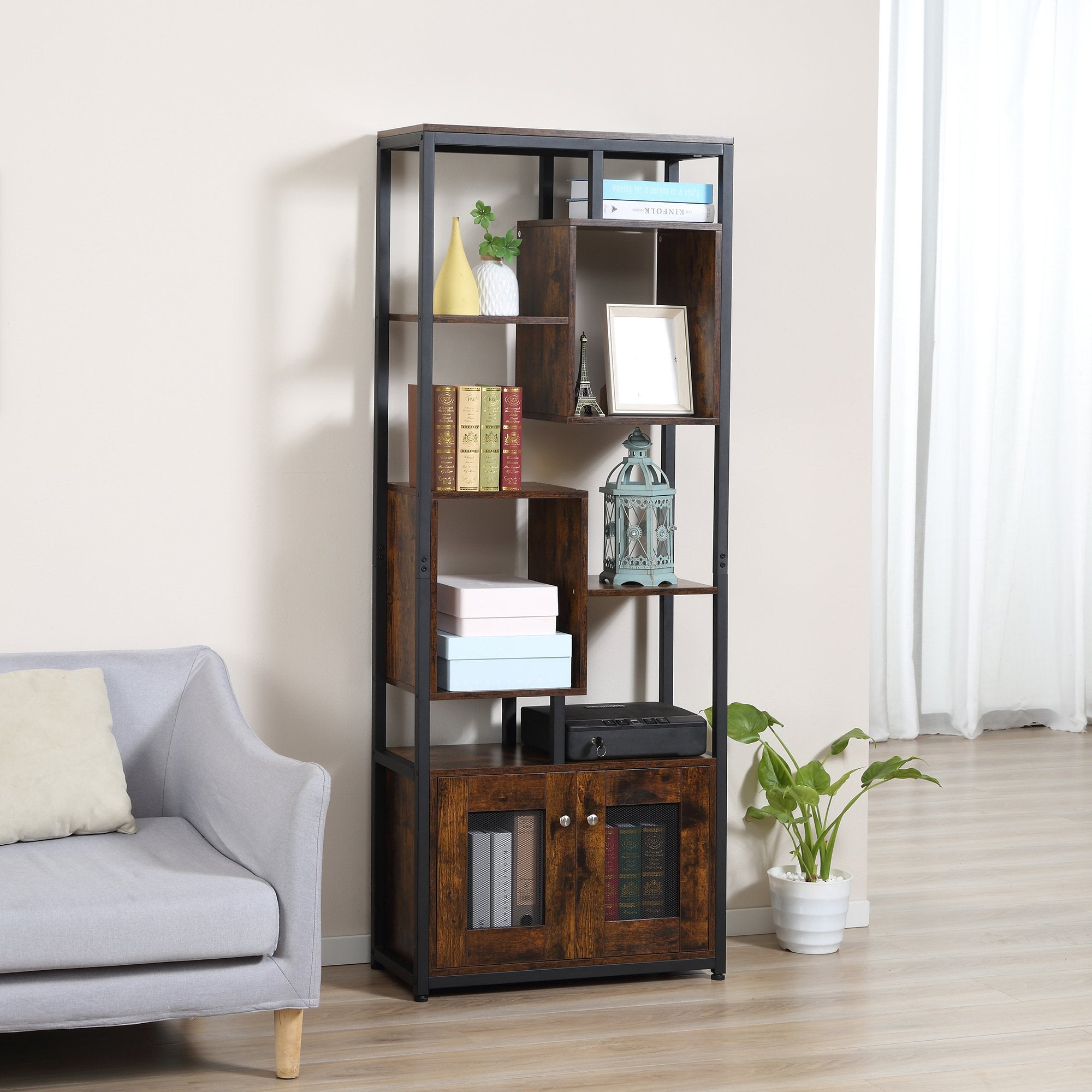 Easycomfort Mobile Libreria Scaffale in Stile Industriale with Armadietto a 2 Ante, Scaffale Salvaspazio a 8 Ripiani per Casa e Ufficio, 70x30x180cm, Marrone