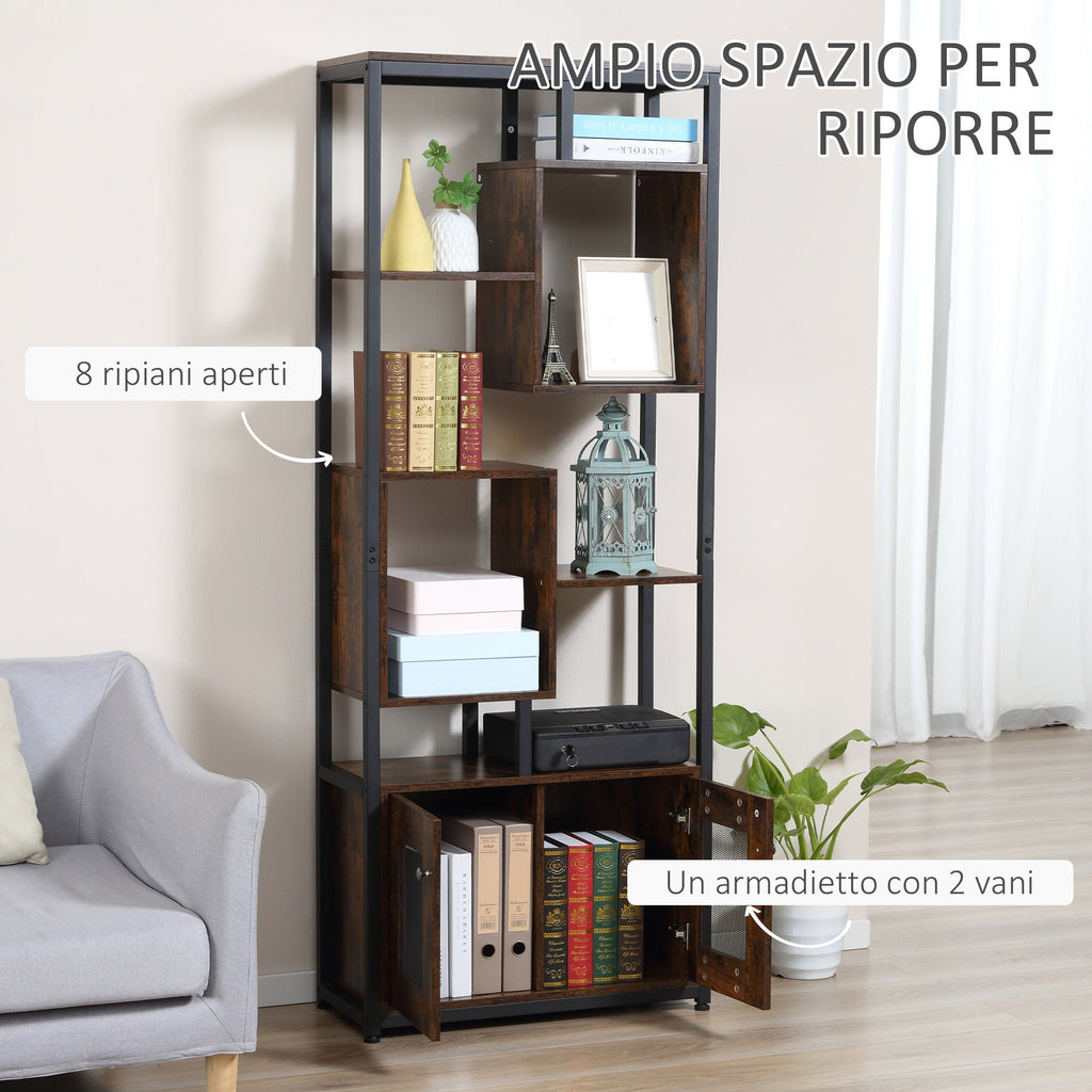Easycomfort Mobile Libreria Scaffale in Stile Industriale with Armadietto a 2 Ante, Scaffale Salvaspazio a 8 Ripiani per Casa e Ufficio, 70x30x180cm, Marrone
