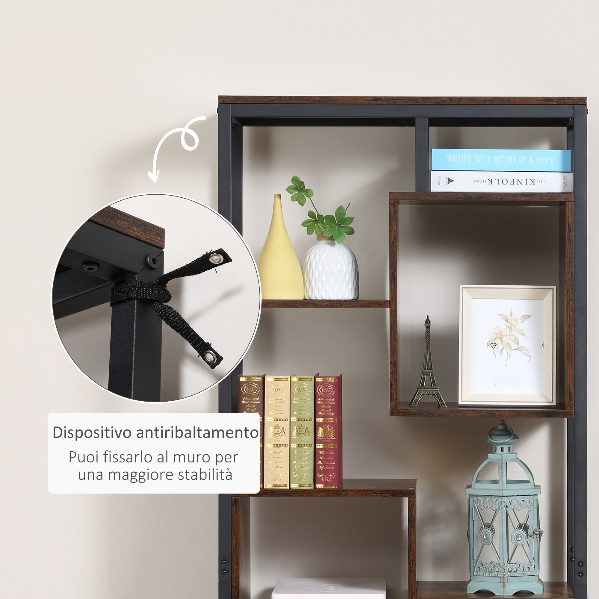 Easycomfort Mobile Libreria Scaffale in Stile Industriale with Armadietto a 2 Ante, Scaffale Salvaspazio a 8 Ripiani per Casa e Ufficio, 70x30x180cm, Marrone