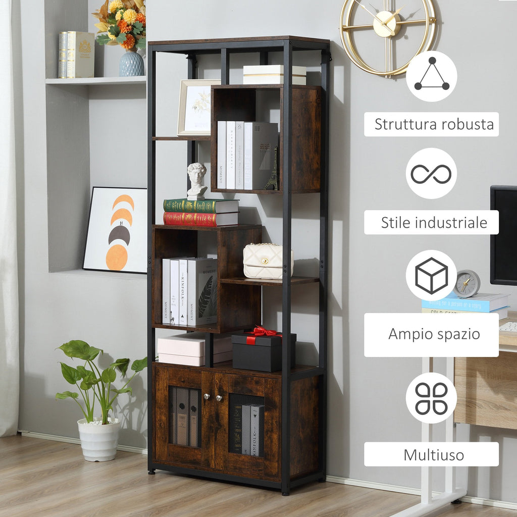 Easycomfort Mobile Libreria Scaffale in Stile Industriale with Armadietto a 2 Ante, Scaffale Salvaspazio a 8 Ripiani per Casa e Ufficio, 70x30x180cm, Marrone