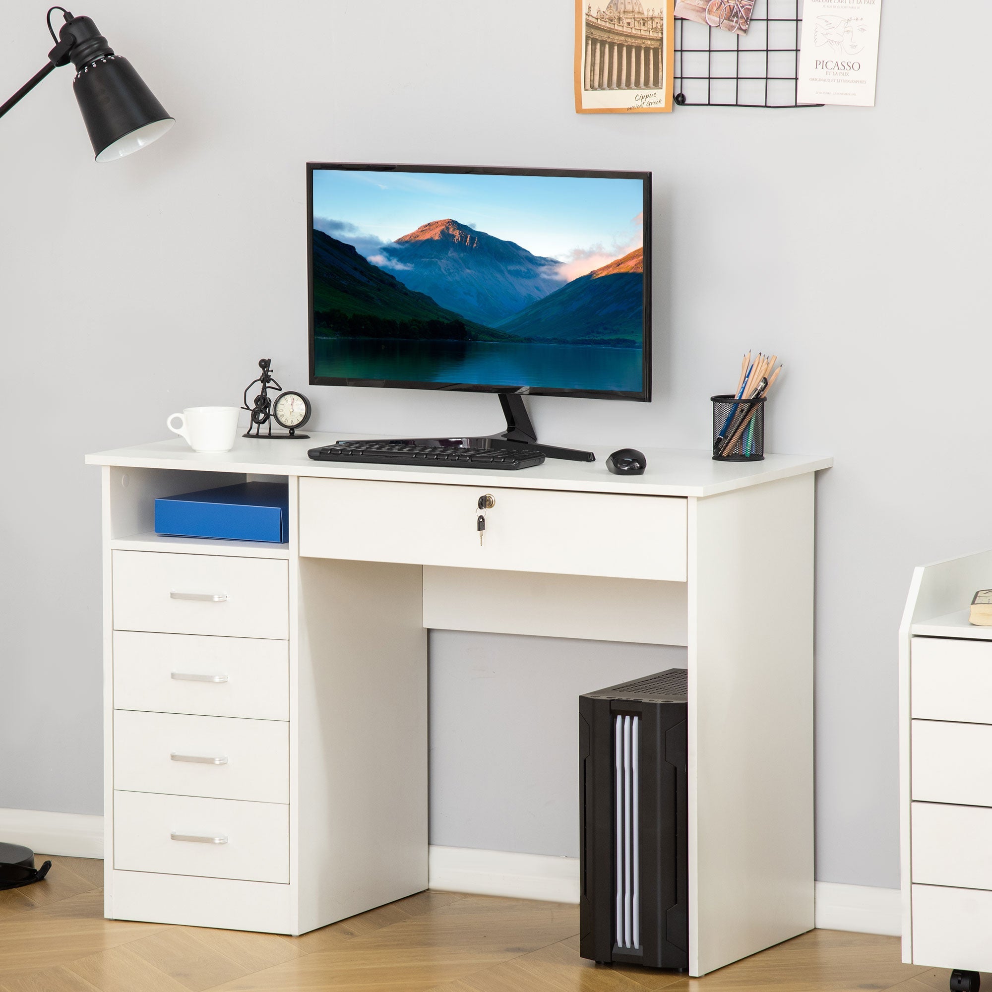 Easycomfort Scrivania per Camera o Ufficio in Legno with 2 Cassetti e 2 Chiavi, 110x50x76cm - white