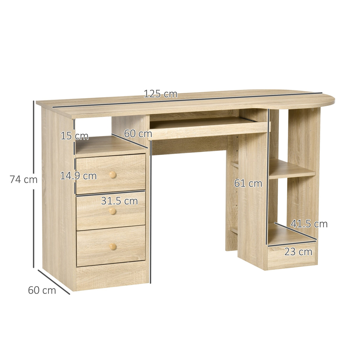 EasyComfort bureau 125x60x74 cm met lades, schappen en toetsenbordplank