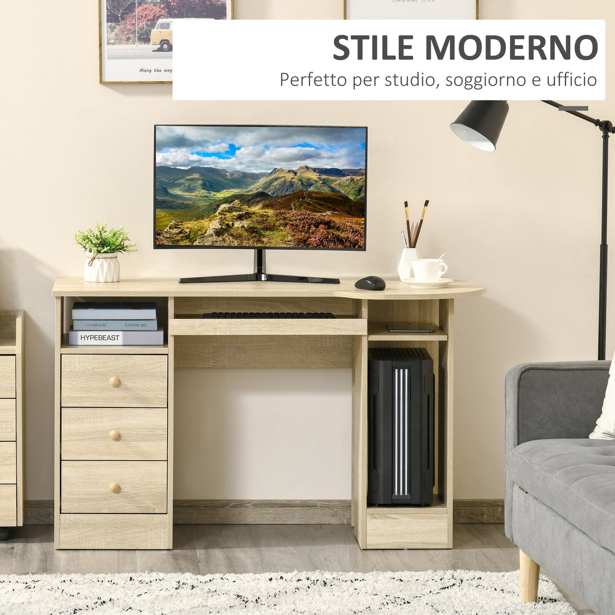 EasyComfort bureau 125x60x74 cm met lades, schappen en toetsenbordplank