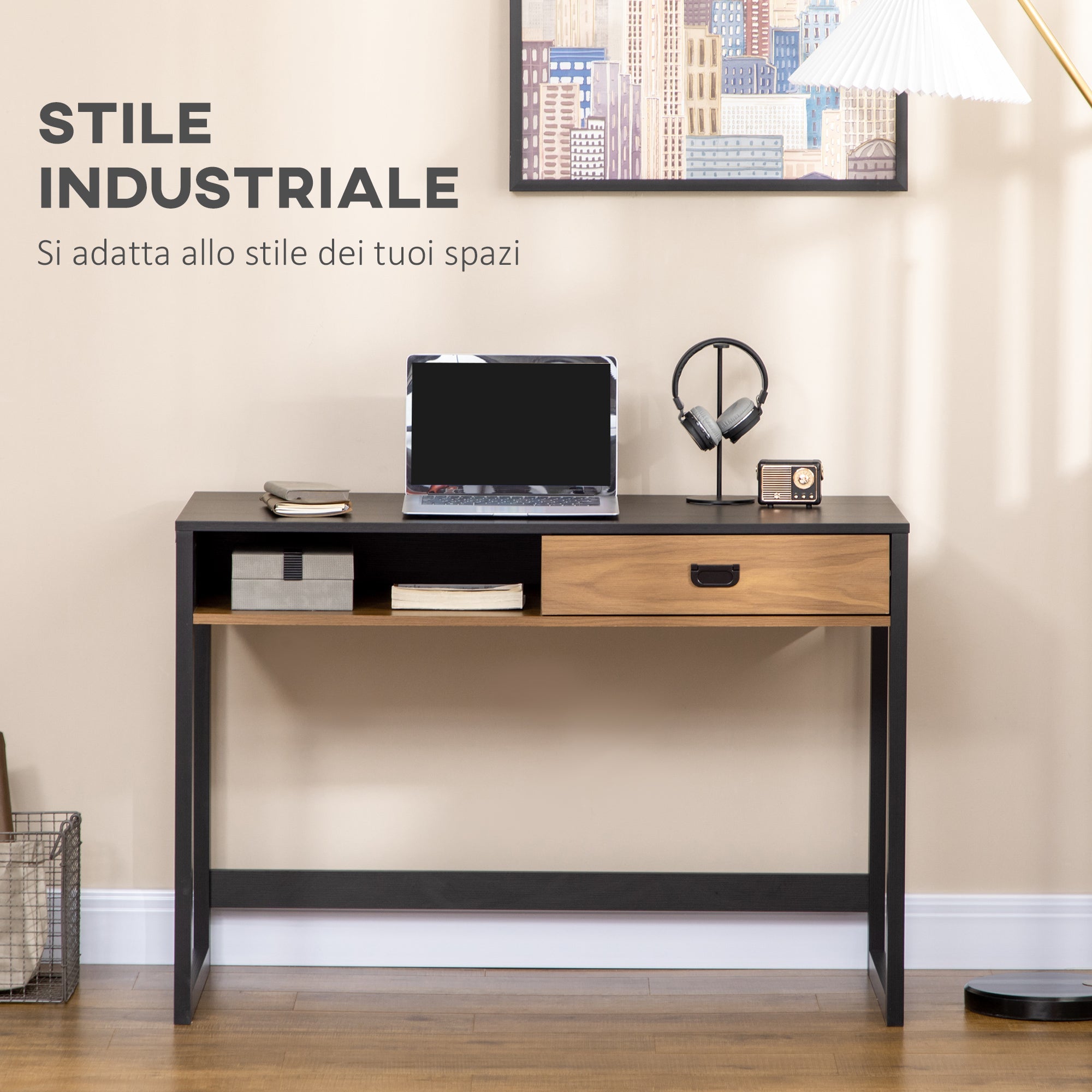 EasyComfort bureau met lade 110x50x76 cm – noten/zwart