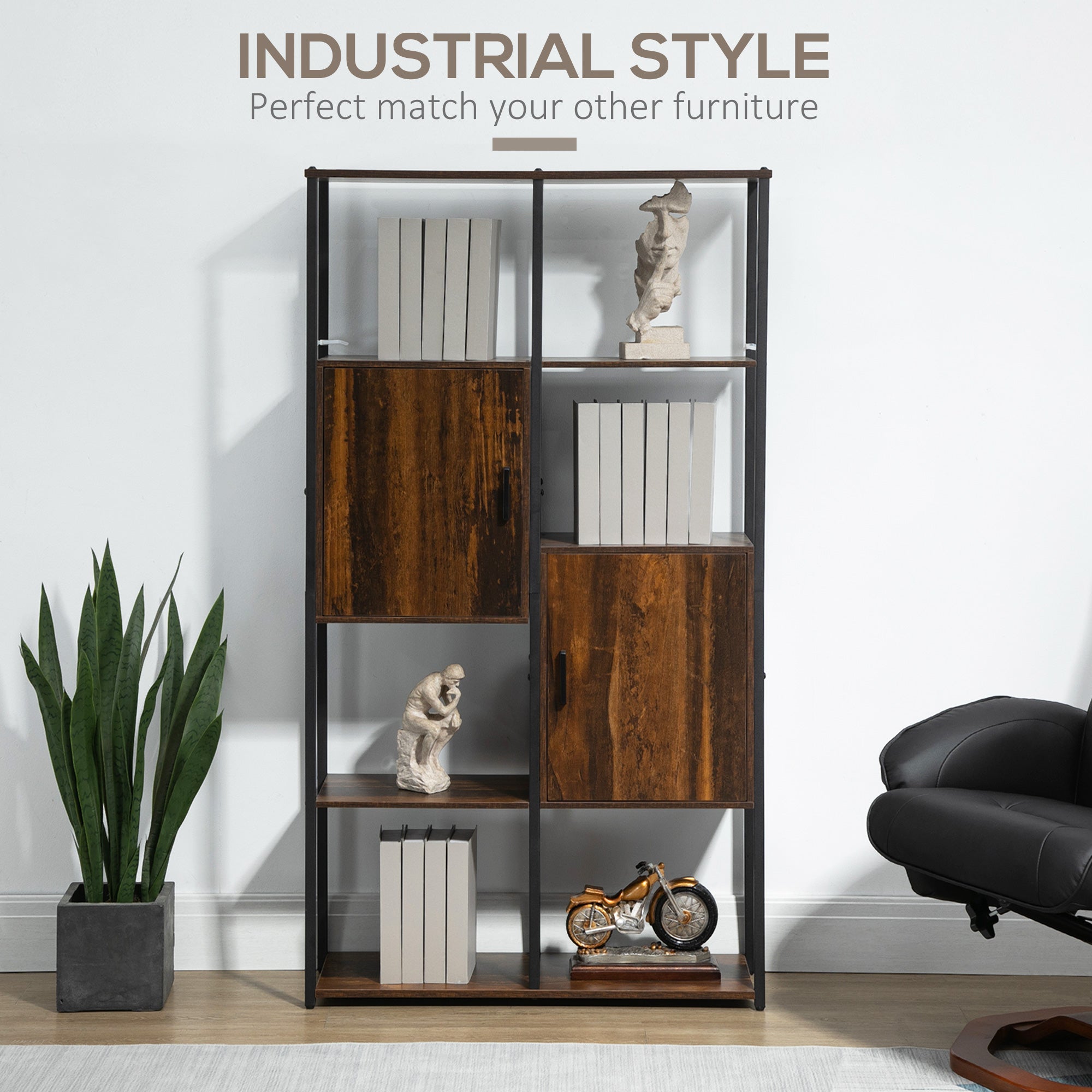 Easycomfort Libreria Stile Industriale with 4 Ripiani e 2 Armadietti, 90x30x159.5cm, black e Marrone