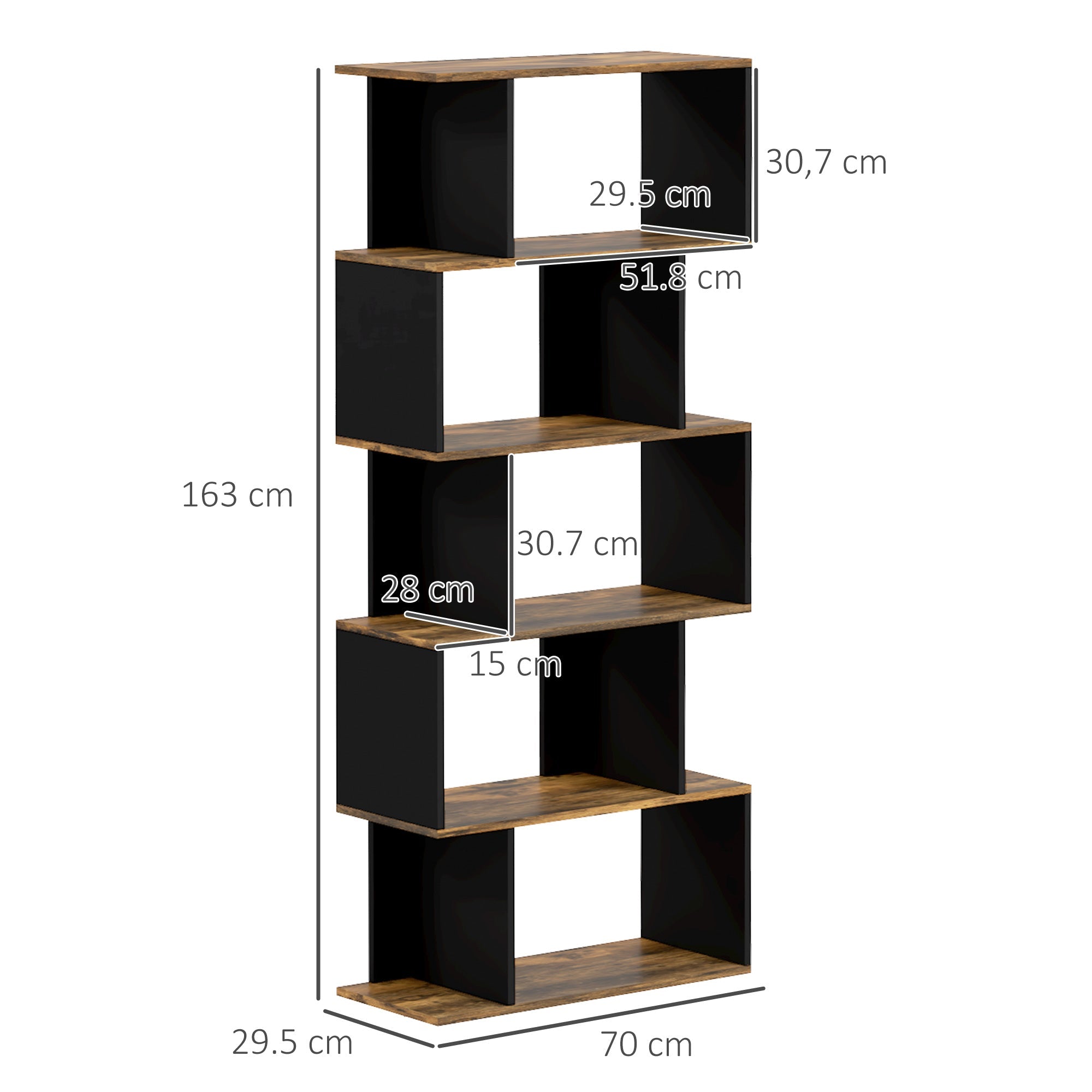 Easycomfort Libreria Moderna Asimmetrica wall-mounted with 5 Ripiani in Legno, 70x29.5x163cm, Marrone Rustico
