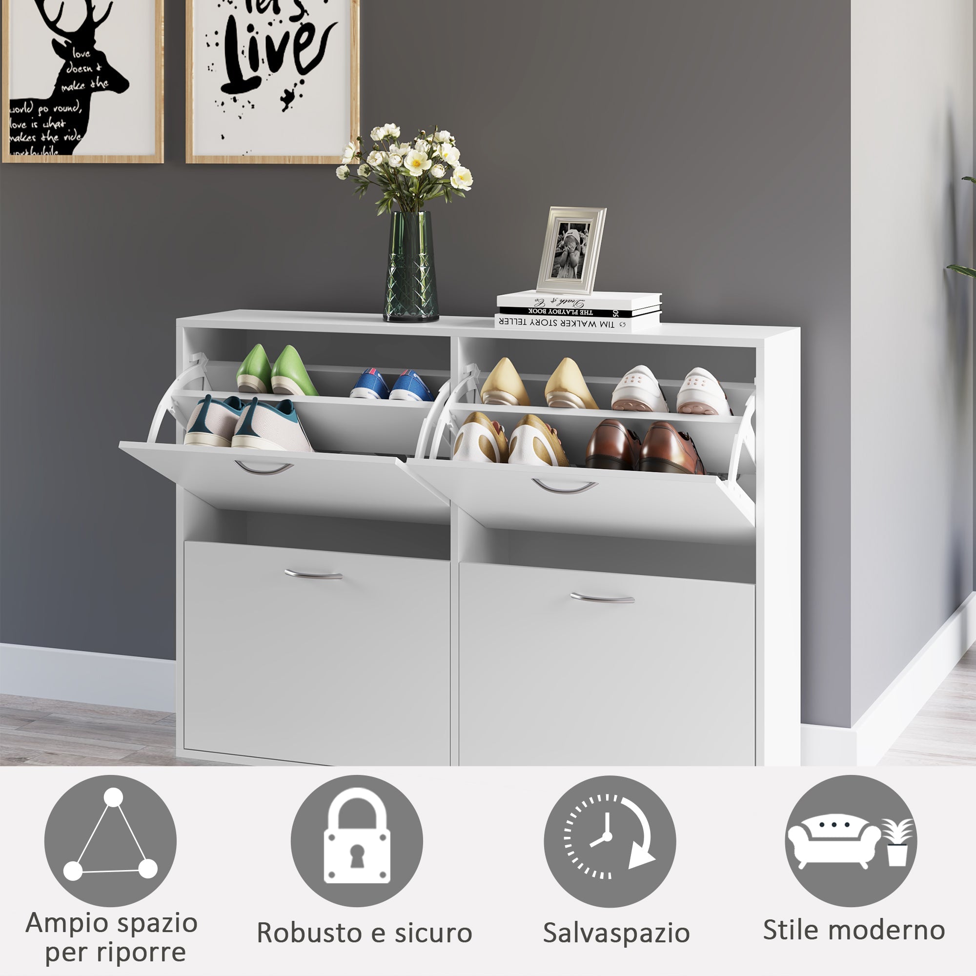 Easycomfort Scarpiera Salvaspazio in Legno per Camera e Ingresso, Capacità 24 Scarpe, 120x24x81cm white