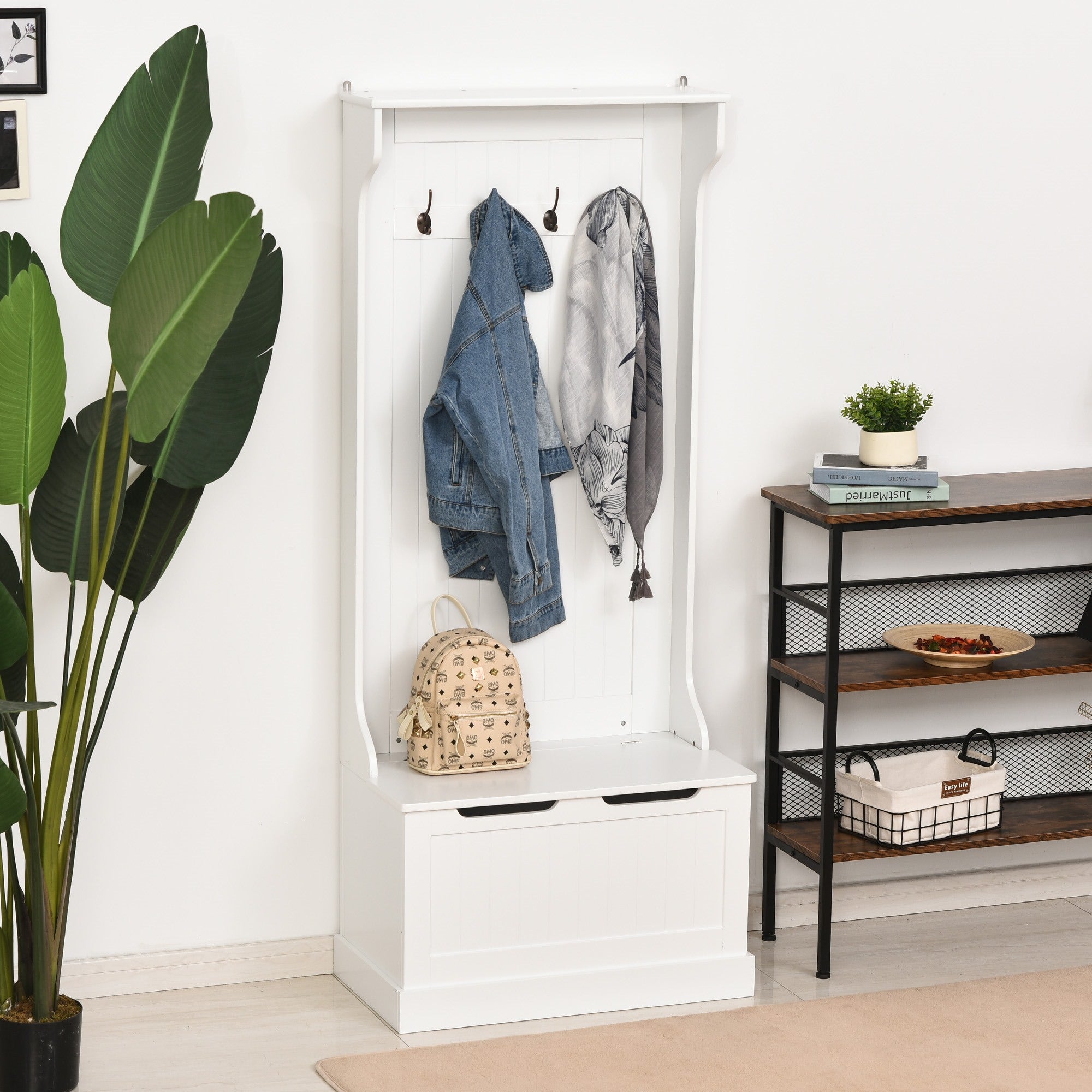 Easycomfort Appendiabiti with Panca Contenitore in MDF, per Casa e Ingresso, Max.100kg - 71.5 x 39.5 x 170cm, white