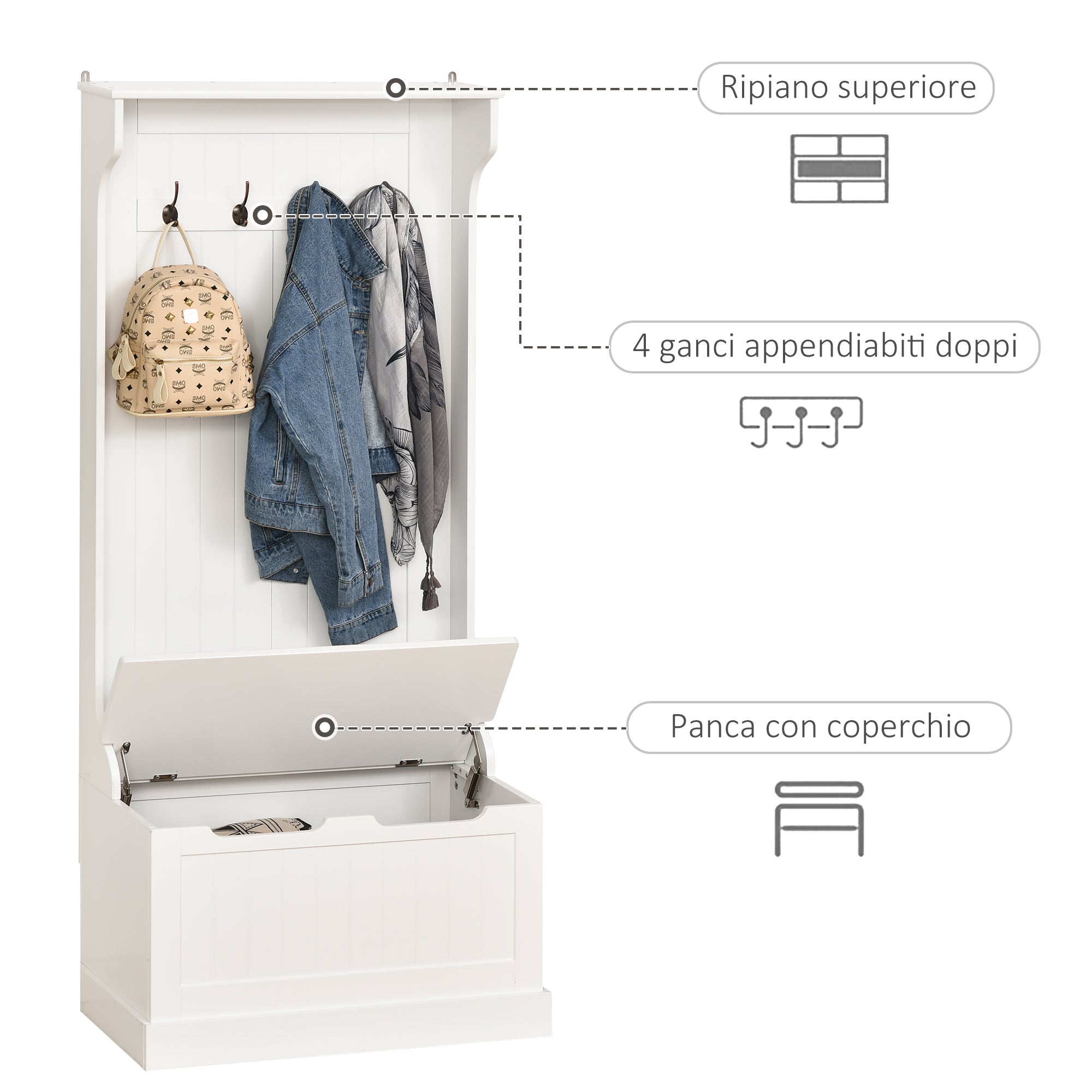 Easycomfort Appendiabiti with Panca Contenitore in MDF, per Casa e Ingresso, Max.100kg - 71.5 x 39.5 x 170cm, white