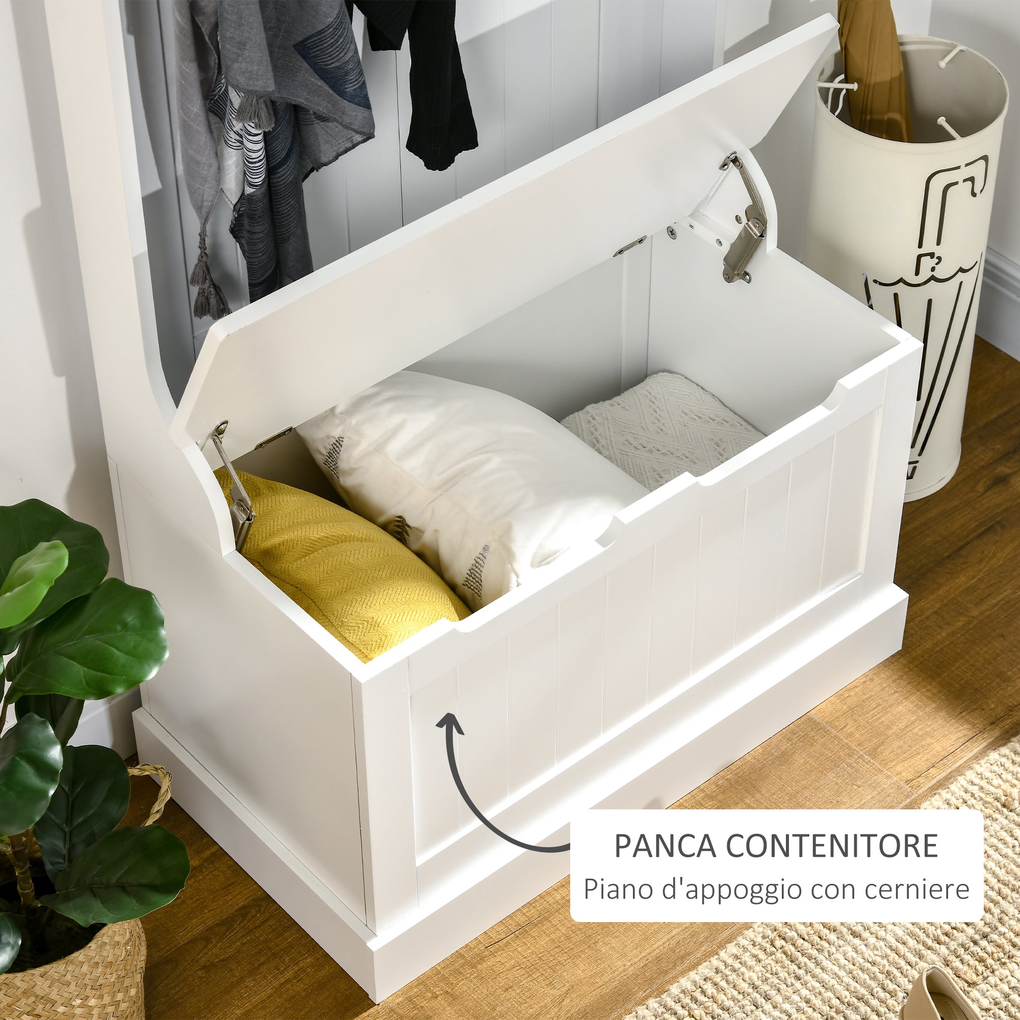 Easycomfort Appendiabiti with Panca Contenitore in MDF, per Casa e Ingresso, Max.100kg - 71.5 x 39.5 x 170cm, white