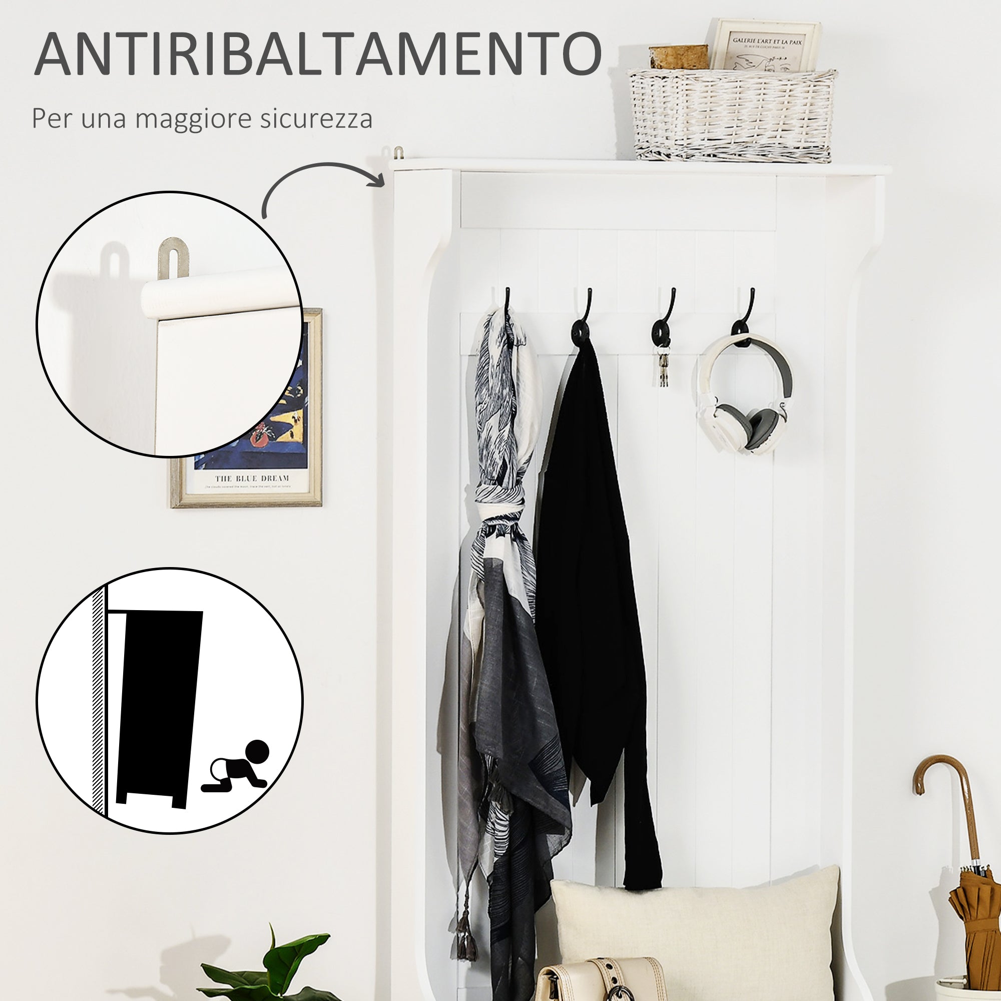 Easycomfort Appendiabiti with Panca Contenitore in MDF, per Casa e Ingresso, Max.100kg - 71.5 x 39.5 x 170cm, white