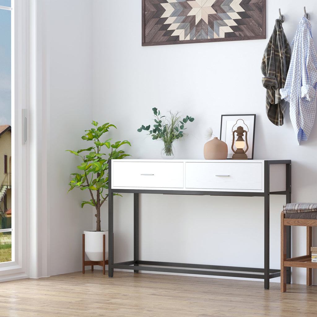 EasyComfort Tavolo Consolle per Ingresso with 2 Cassetti in Legno white e Metallo black
