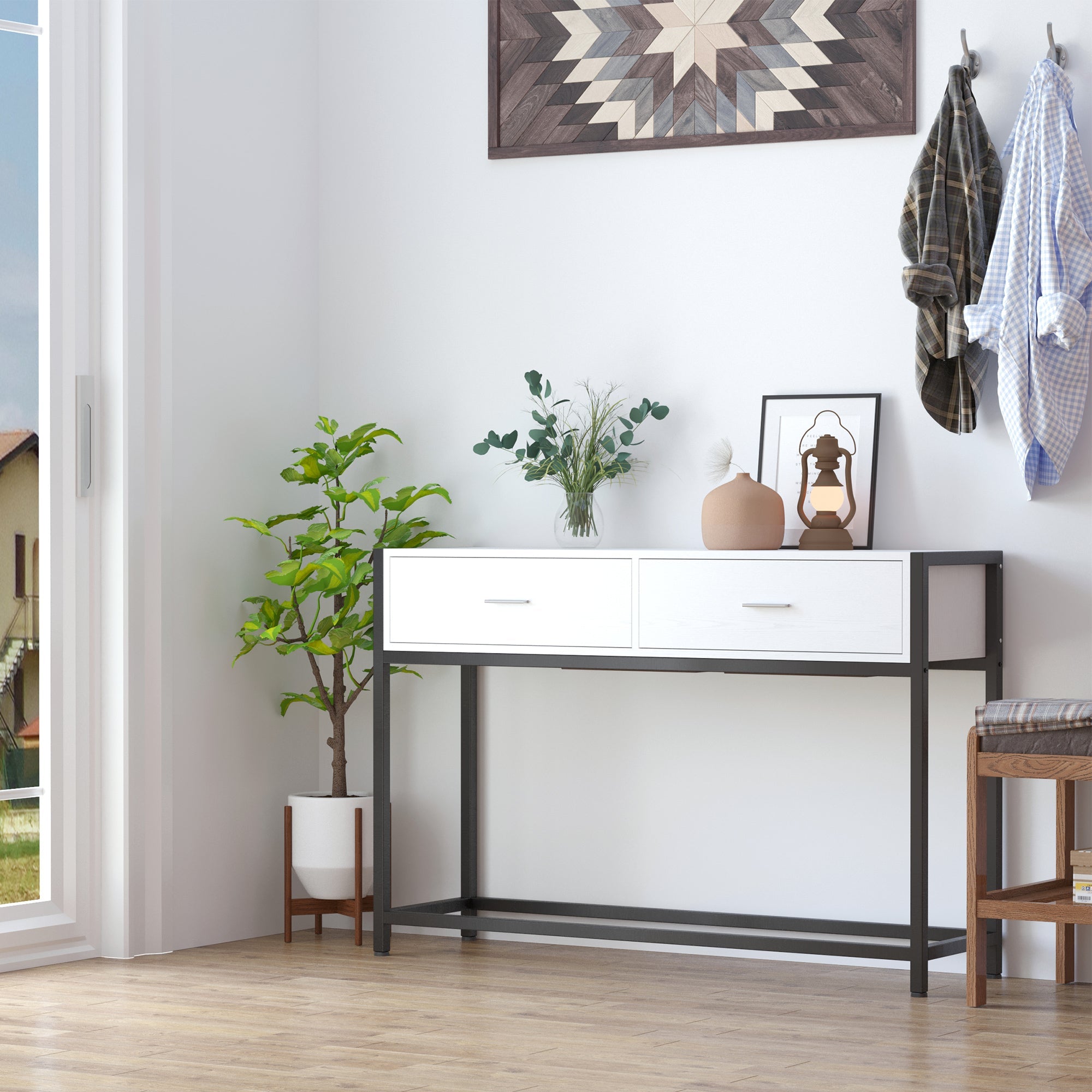 EasyComfort Tavolo Consolle per Ingresso with 2 Cassetti in Legno white e Metallo black