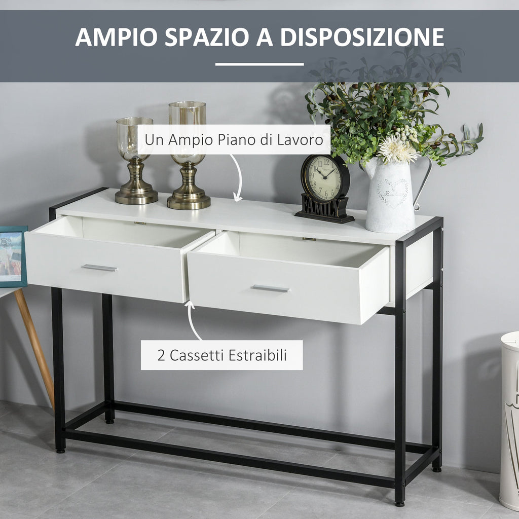 EasyComfort Tavolo Consolle per Ingresso with 2 Cassetti in Legno white e Metallo black