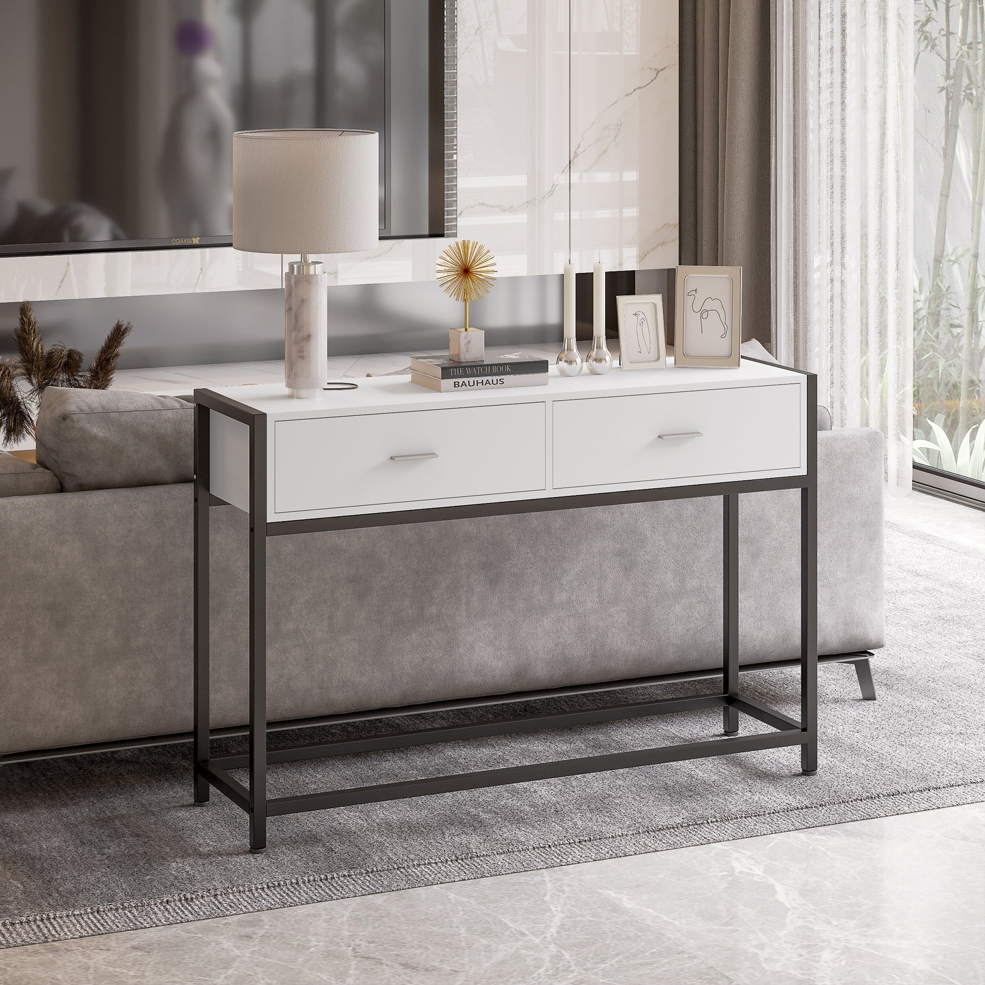 EasyComfort Tavolo Consolle per Ingresso with 2 Cassetti in Legno white e Metallo black