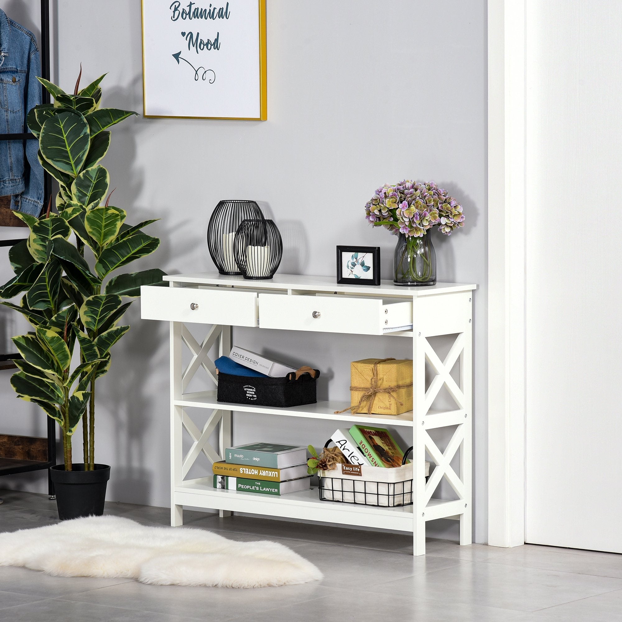 Easycomfort Tavolo Consolle with 2 Cassetti e 2 Mensole, Mobile da Ingresso e Soggiorno in MDF, 100x30.5x80cm, white
