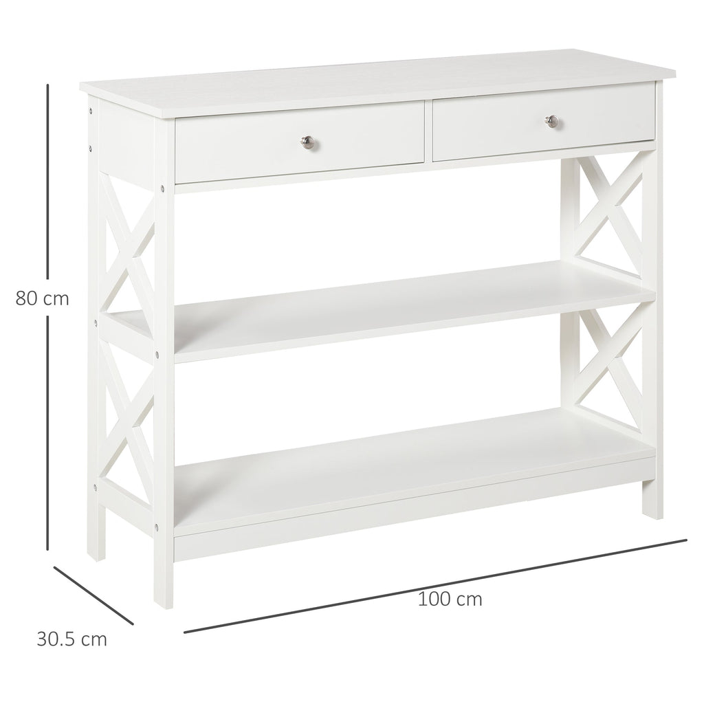 Easycomfort Tavolo Consolle with 2 Cassetti e 2 Mensole, Mobile da Ingresso e Soggiorno in MDF, 100x30.5x80cm, white