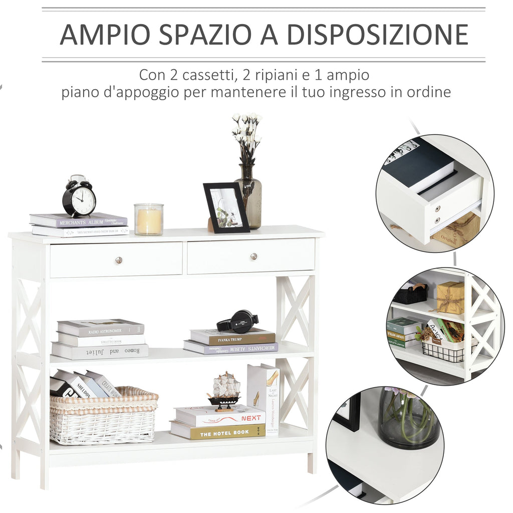 Easycomfort Tavolo Consolle with 2 Cassetti e 2 Mensole, Mobile da Ingresso e Soggiorno in MDF, 100x30.5x80cm, white