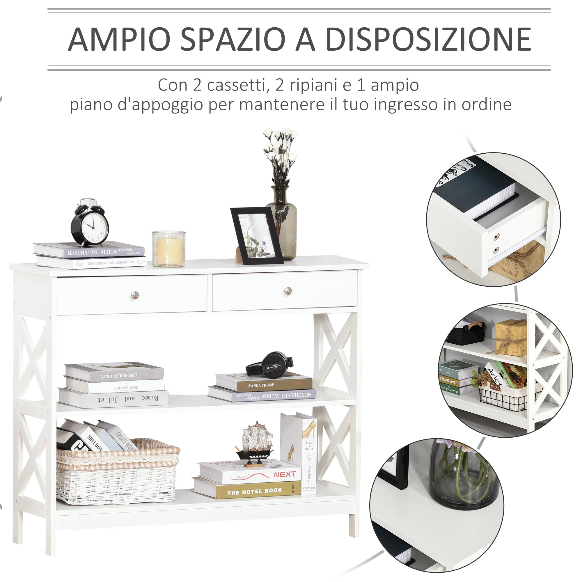 Easycomfort Tavolo Consolle with 2 Cassetti e 2 Mensole, Mobile da Ingresso e Soggiorno in MDF, 100x30.5x80cm, white