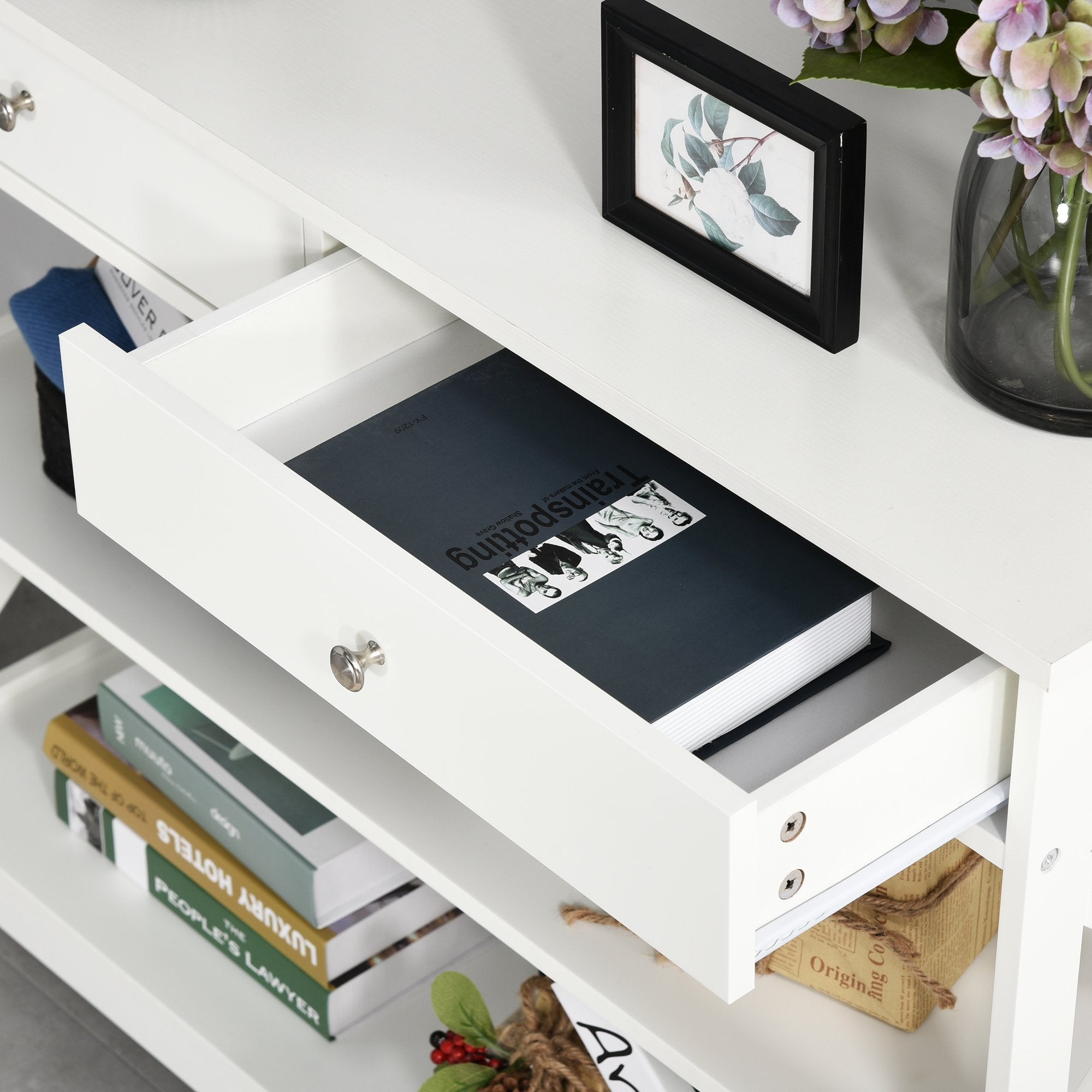 Easycomfort Tavolo Consolle with 2 Cassetti e 2 Mensole, Mobile da Ingresso e Soggiorno in MDF, 100x30.5x80cm, white